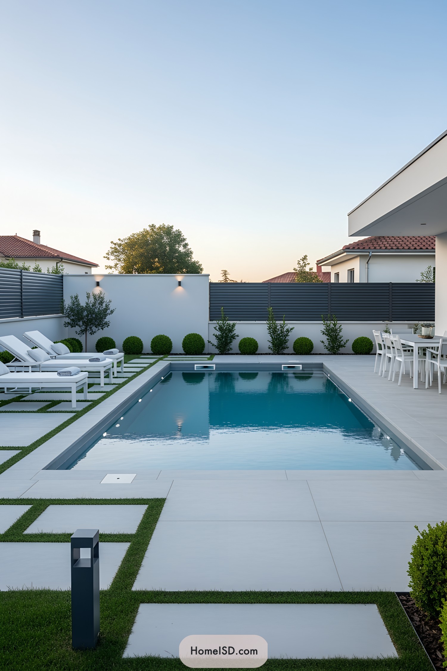 Sleek pool with white loungers and green hedges by a contemporary house
