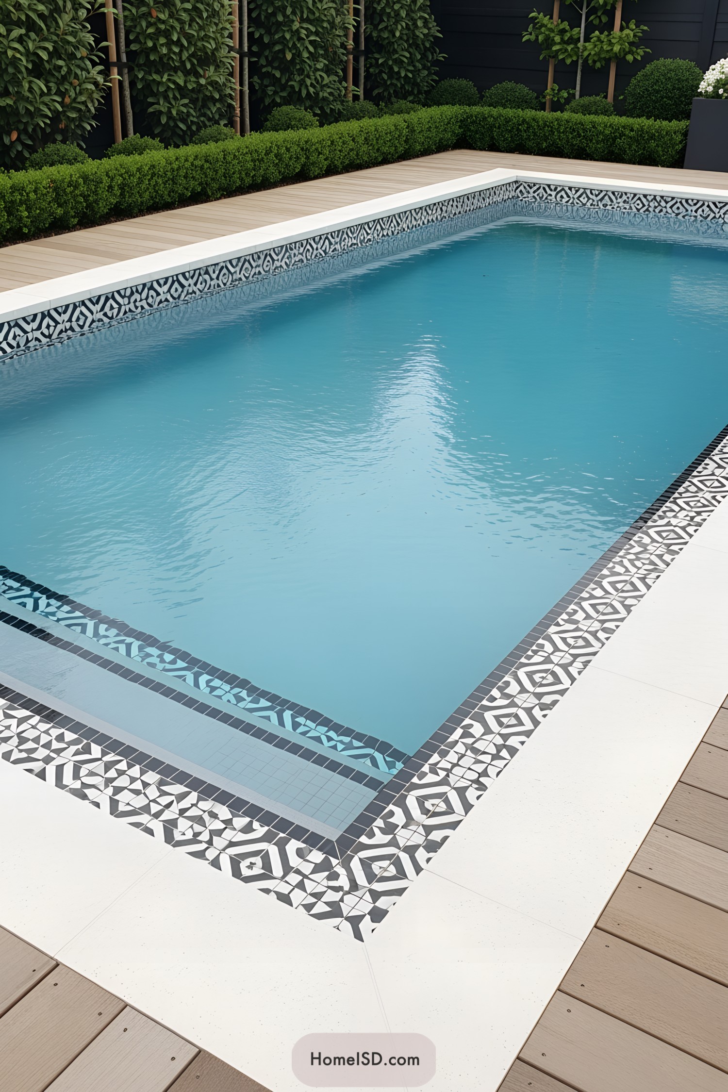 Rectangular pool with intricate black and white border tiles