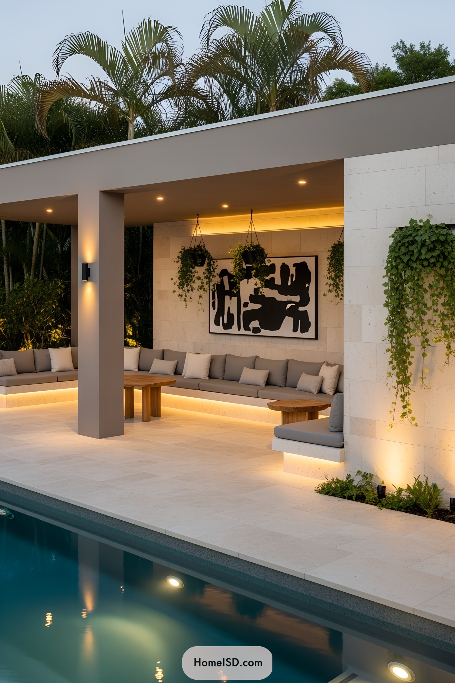 Stylish outdoor pool area with sleek seating and hanging plants