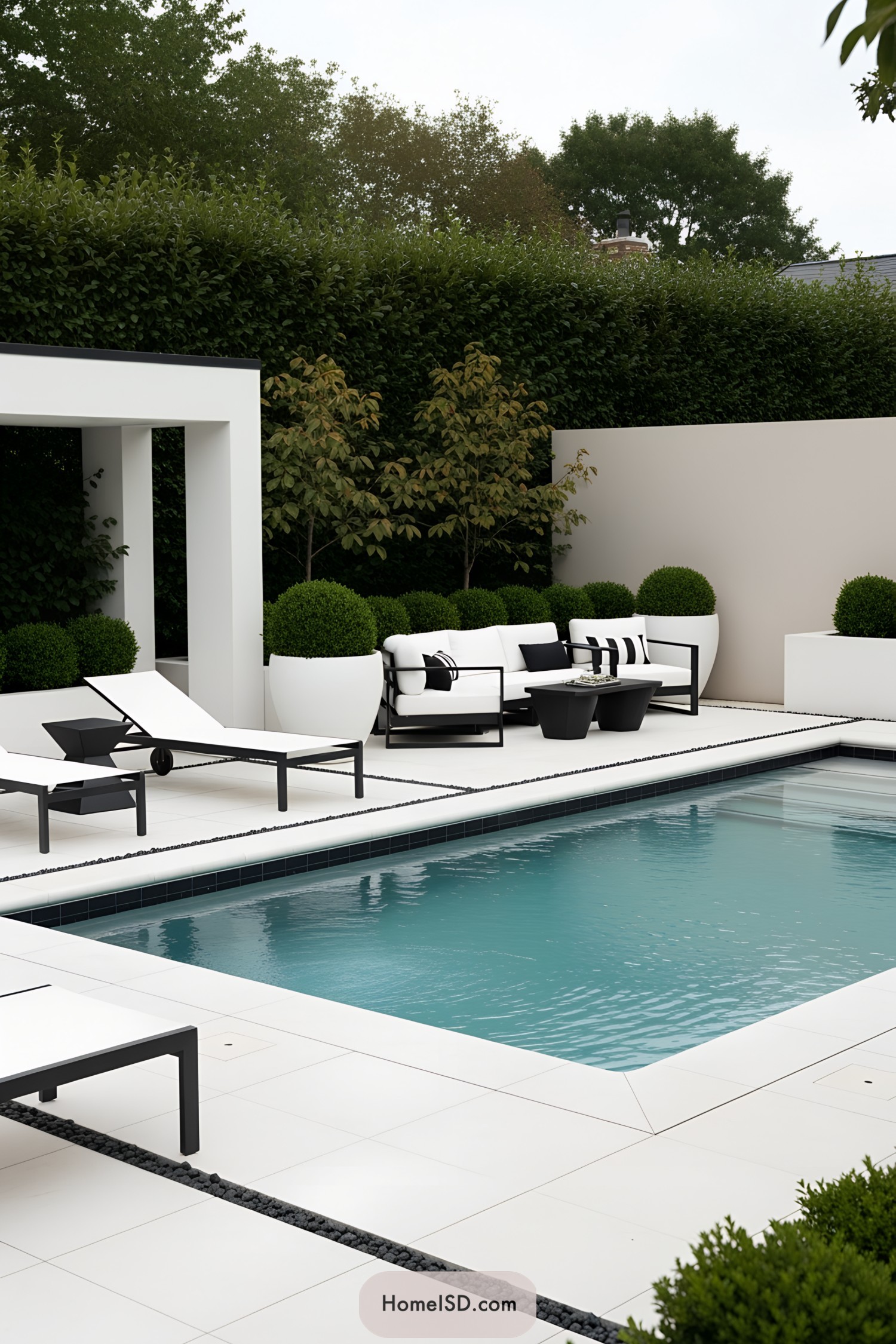Modern poolside with white loungers and lush greenery