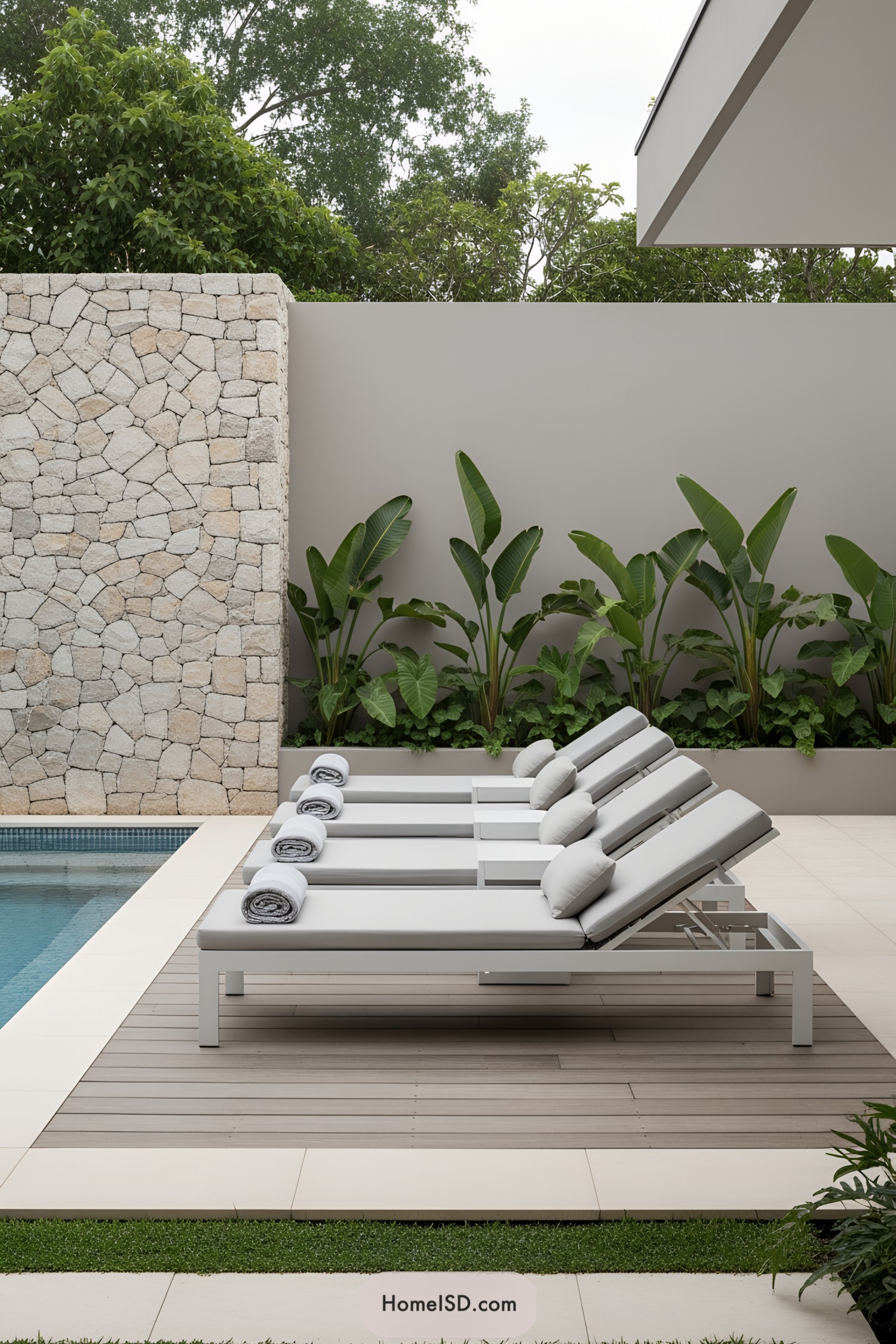Modern poolside with lounge chairs and plants