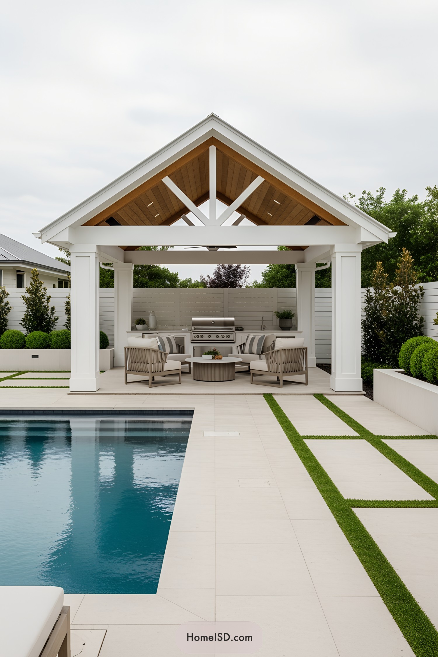 Modern poolside with a covered seating area and outdoor kitchen