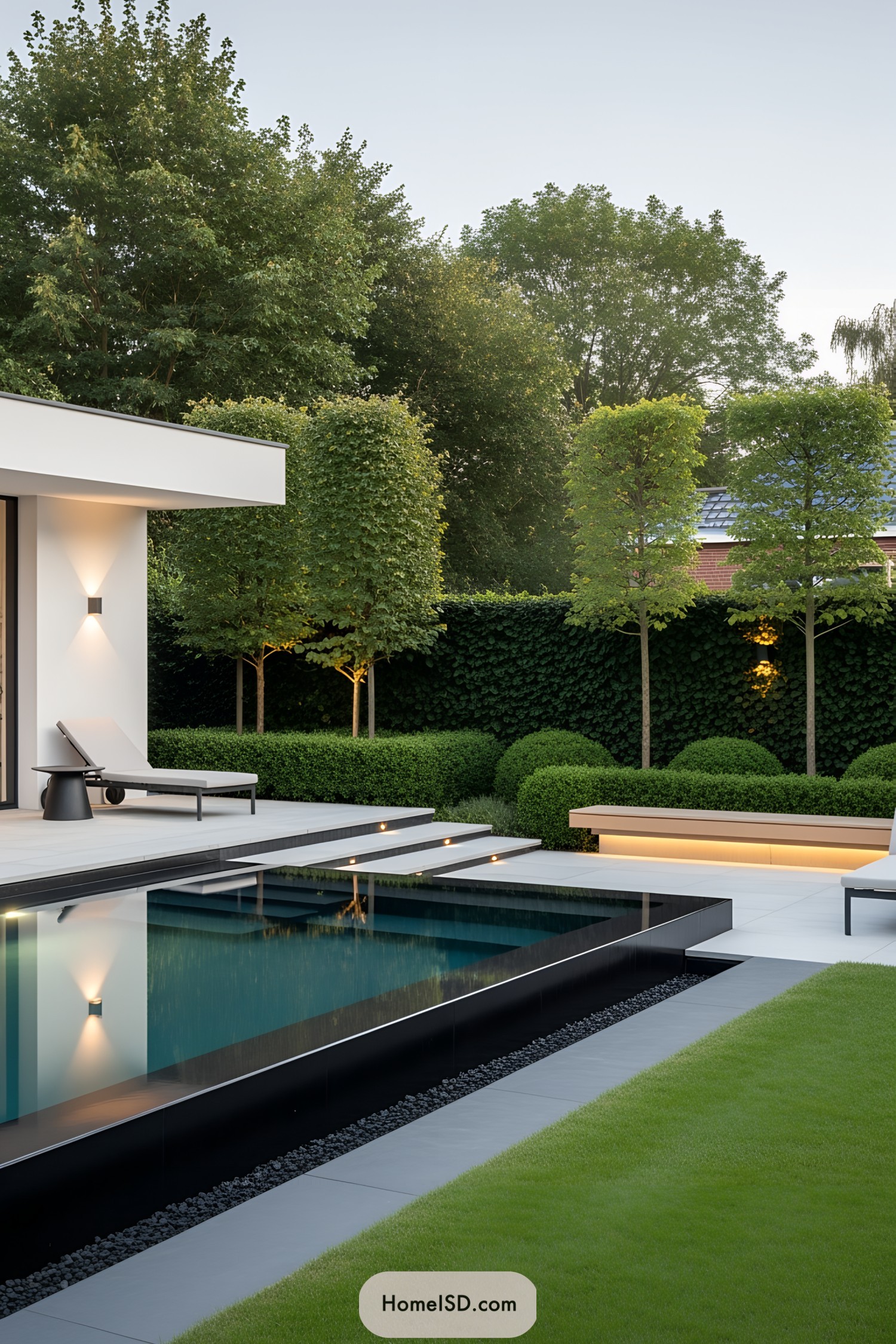 Luxurious modern pool with sleek design and lush greenery