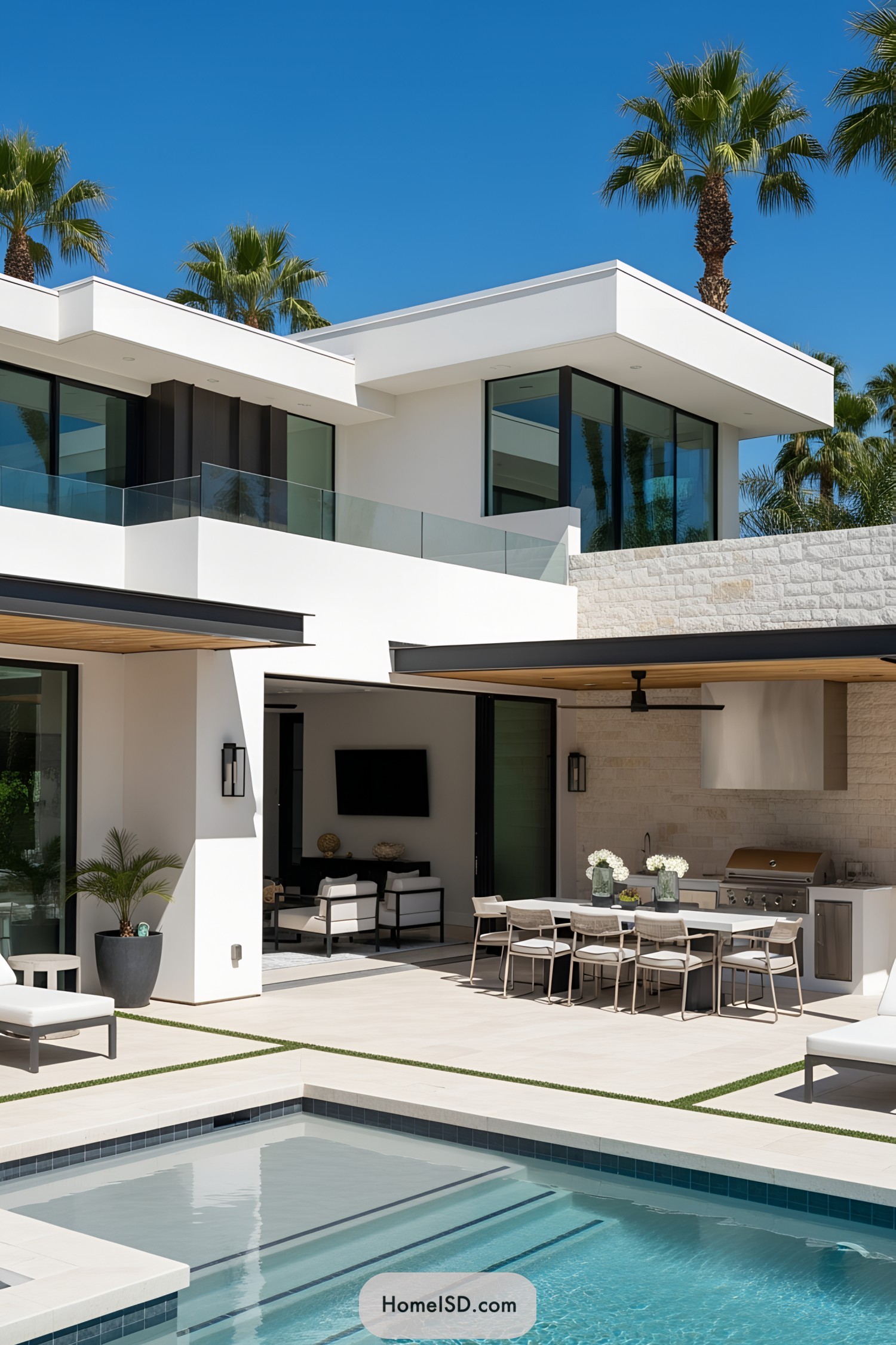 Luxurious modern pool with sleek architecture and palm trees