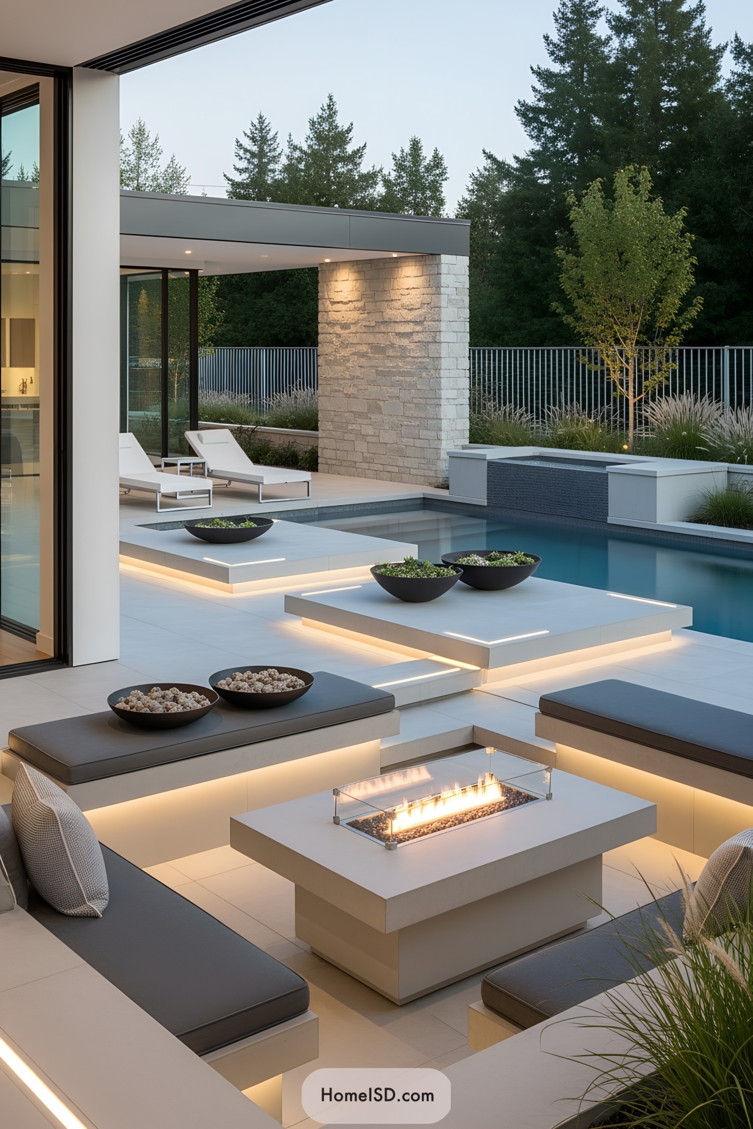 Contemporary poolside with sleek design features and ambient lighting