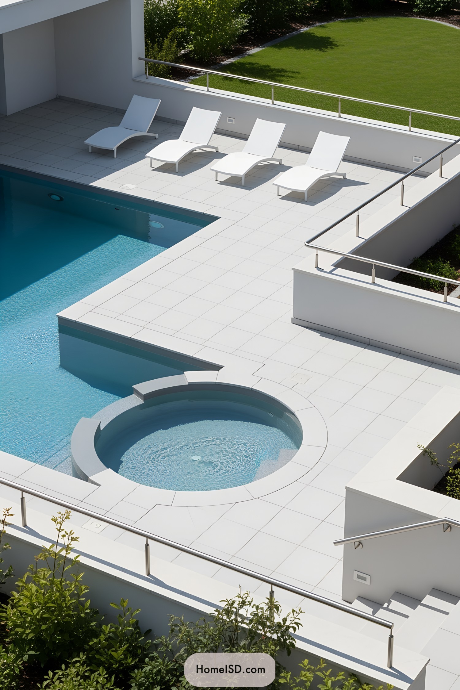 Modern poolside with white lounge chairs and sleek design