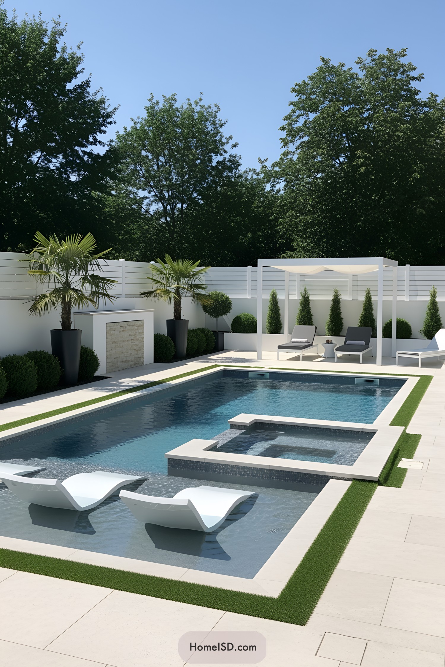 Modern pool with sleek loungers and lush greenery
