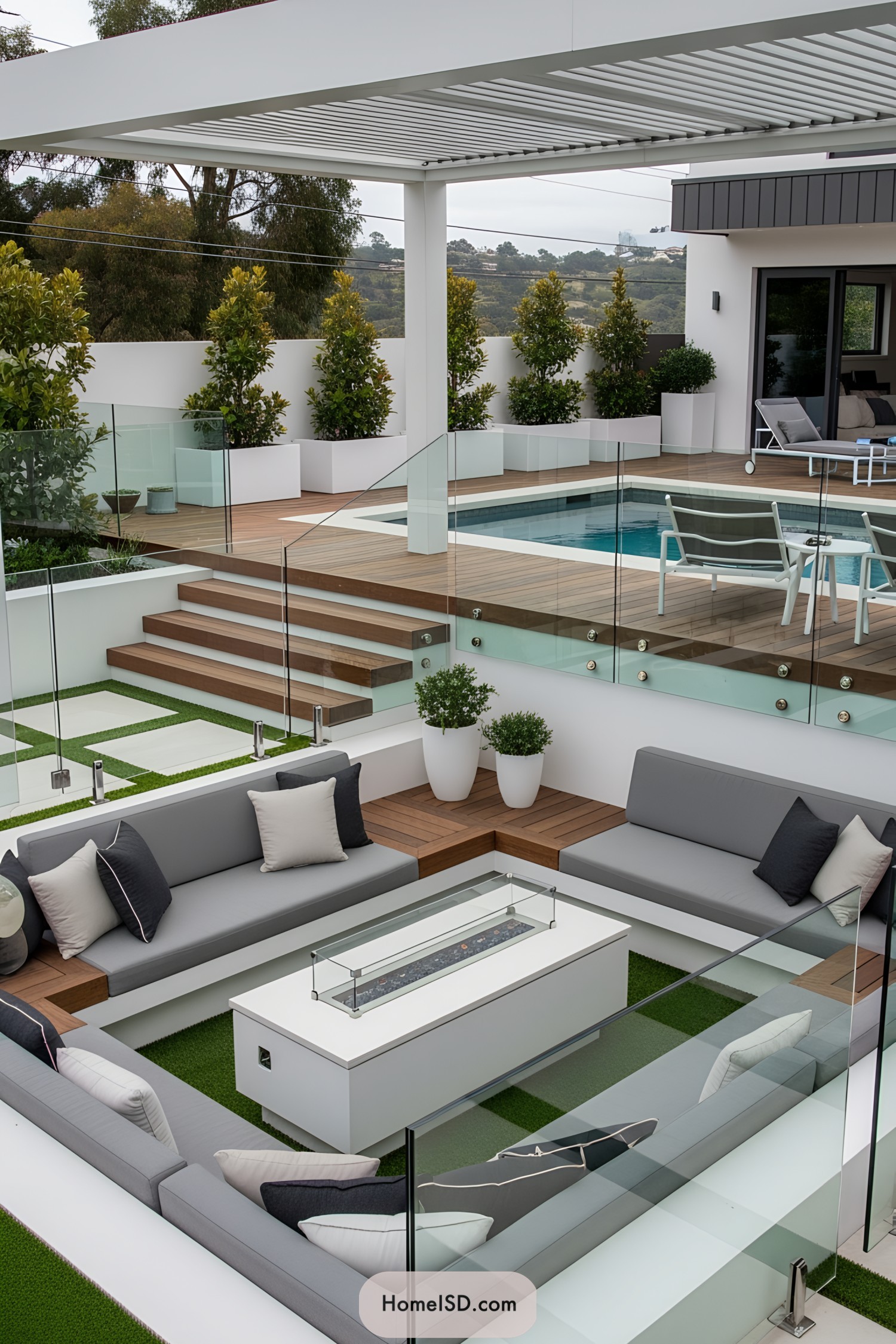 Stylish modern pool area with seating