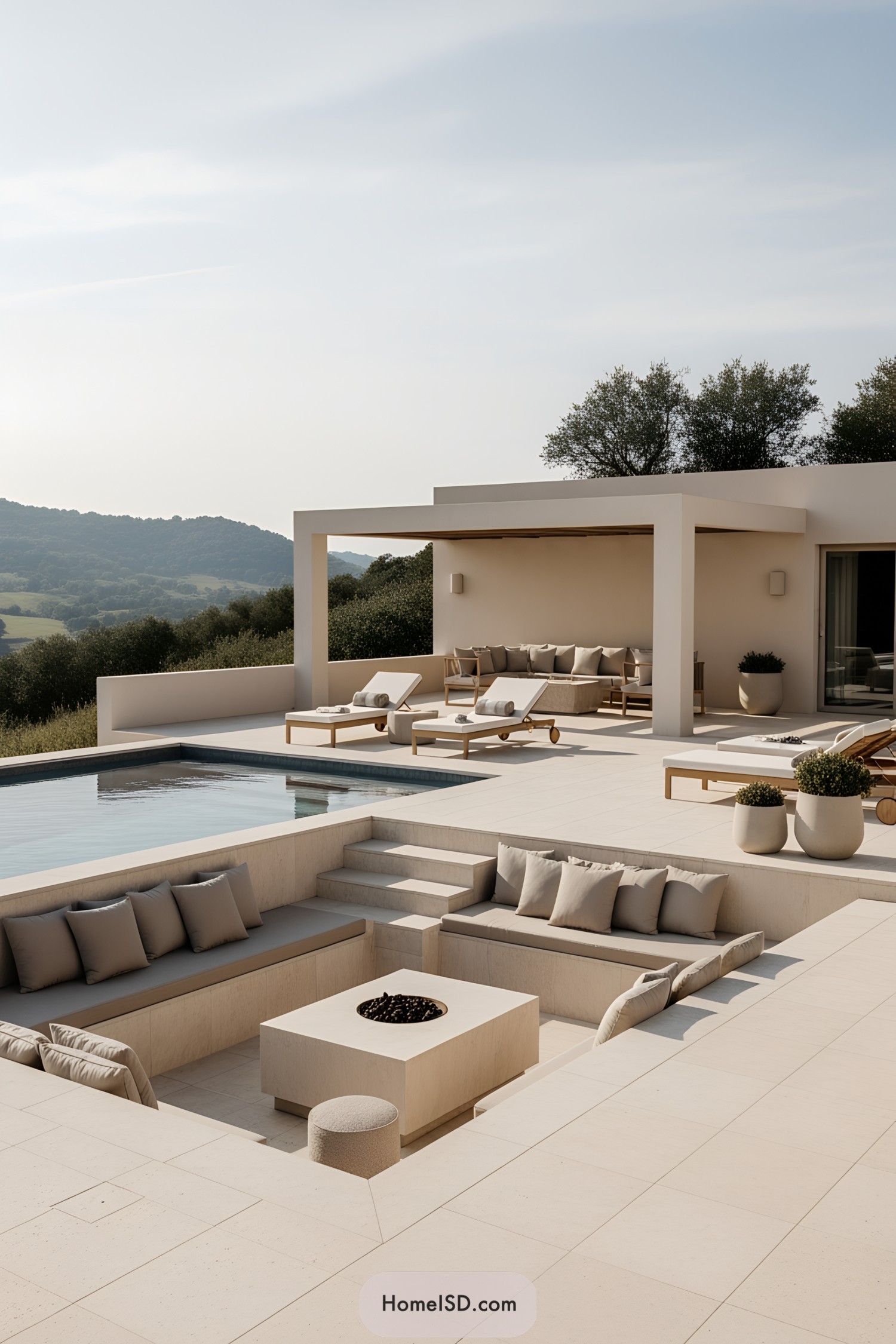 Modern pool area with sleek, beige furnishings and lush surroundings