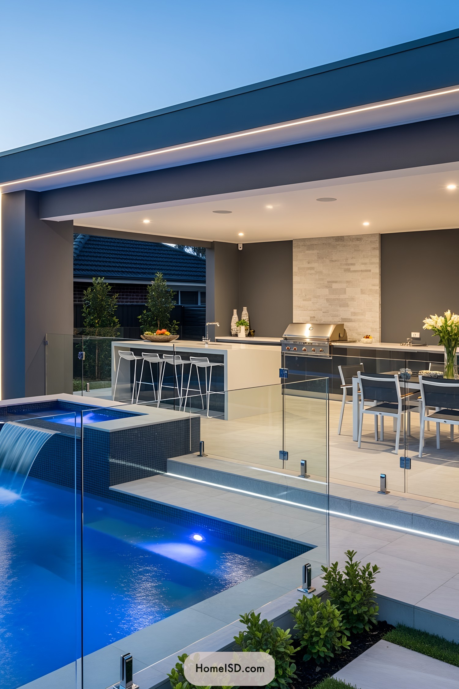 Modern pool with waterfall feature and sleek outdoor kitchen