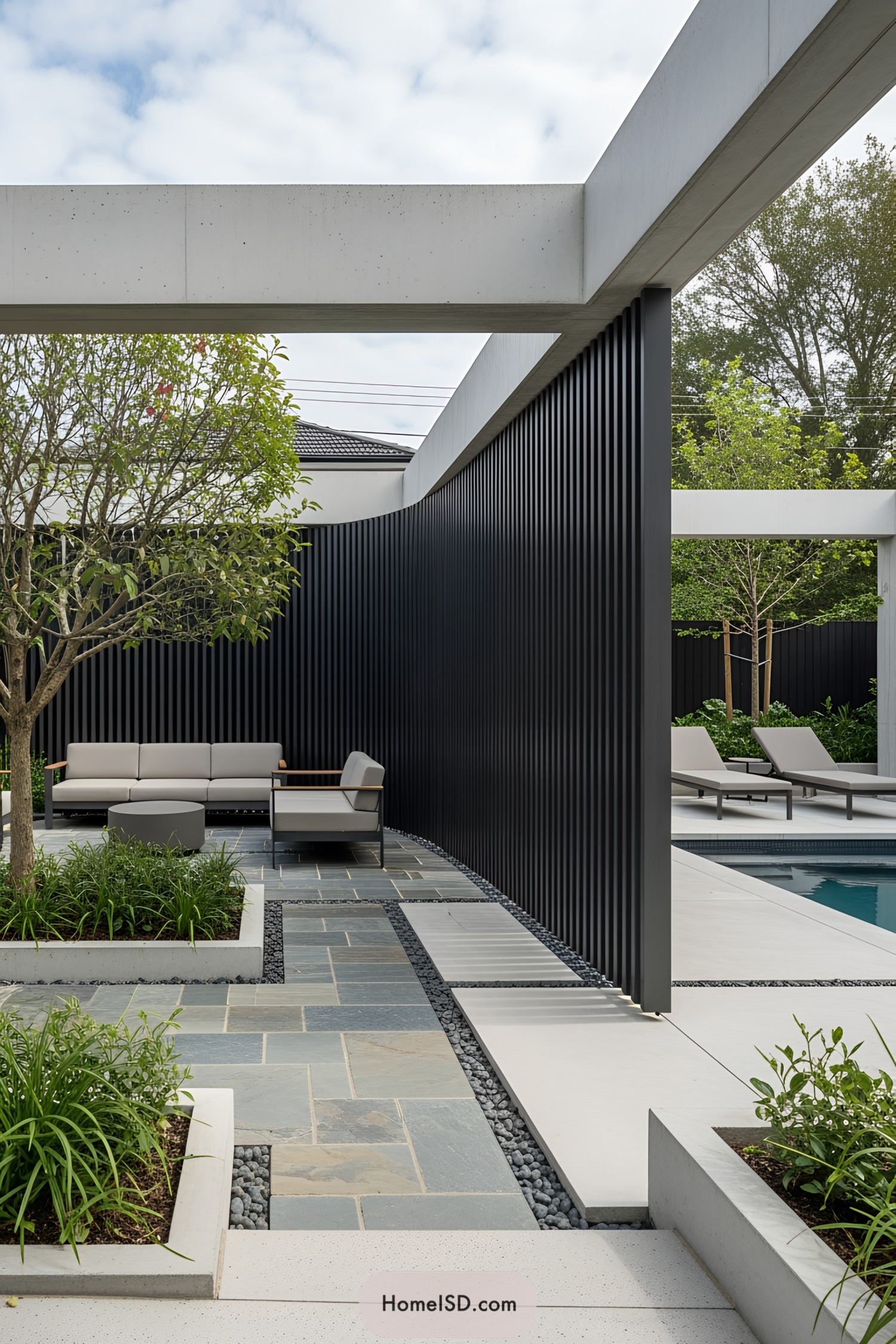 Modern patio with sleek furniture and pool