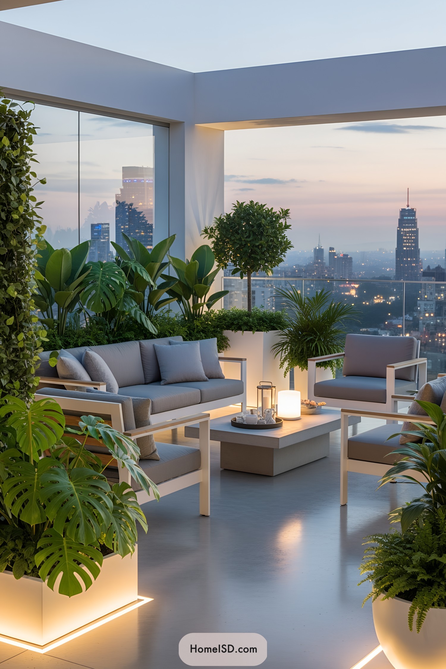Stylish rooftop space with white planters and a city view