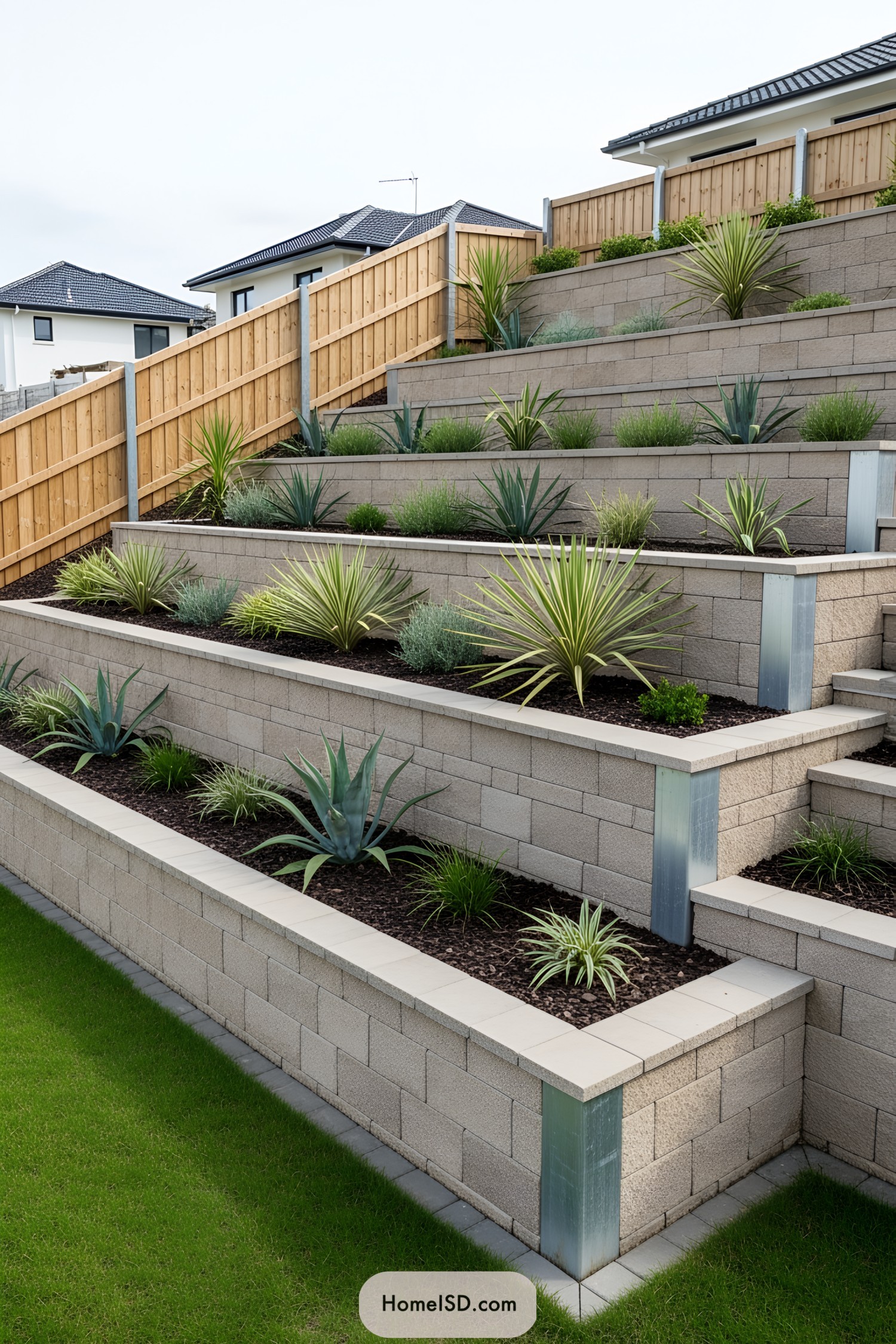 Multiple tiered retaining walls with modern plants