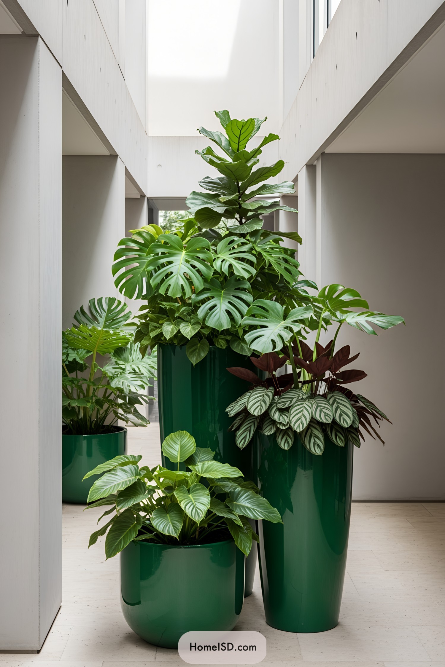 Large green plant pots with lush foliage in a modern hallway