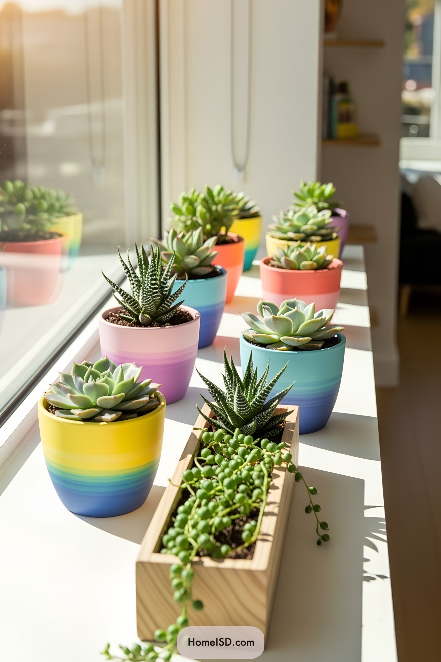 Colorful pots with succulents on a sunlit windowsill