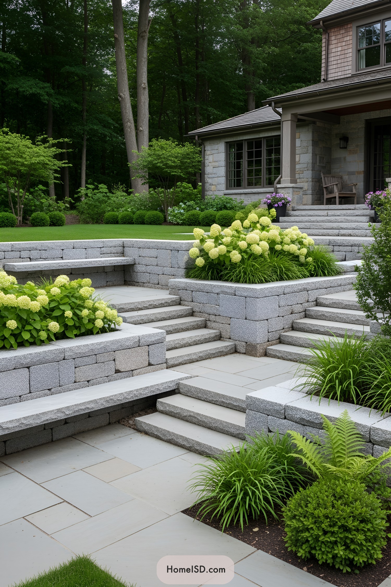 Steps with stone retaining walls and lush plants