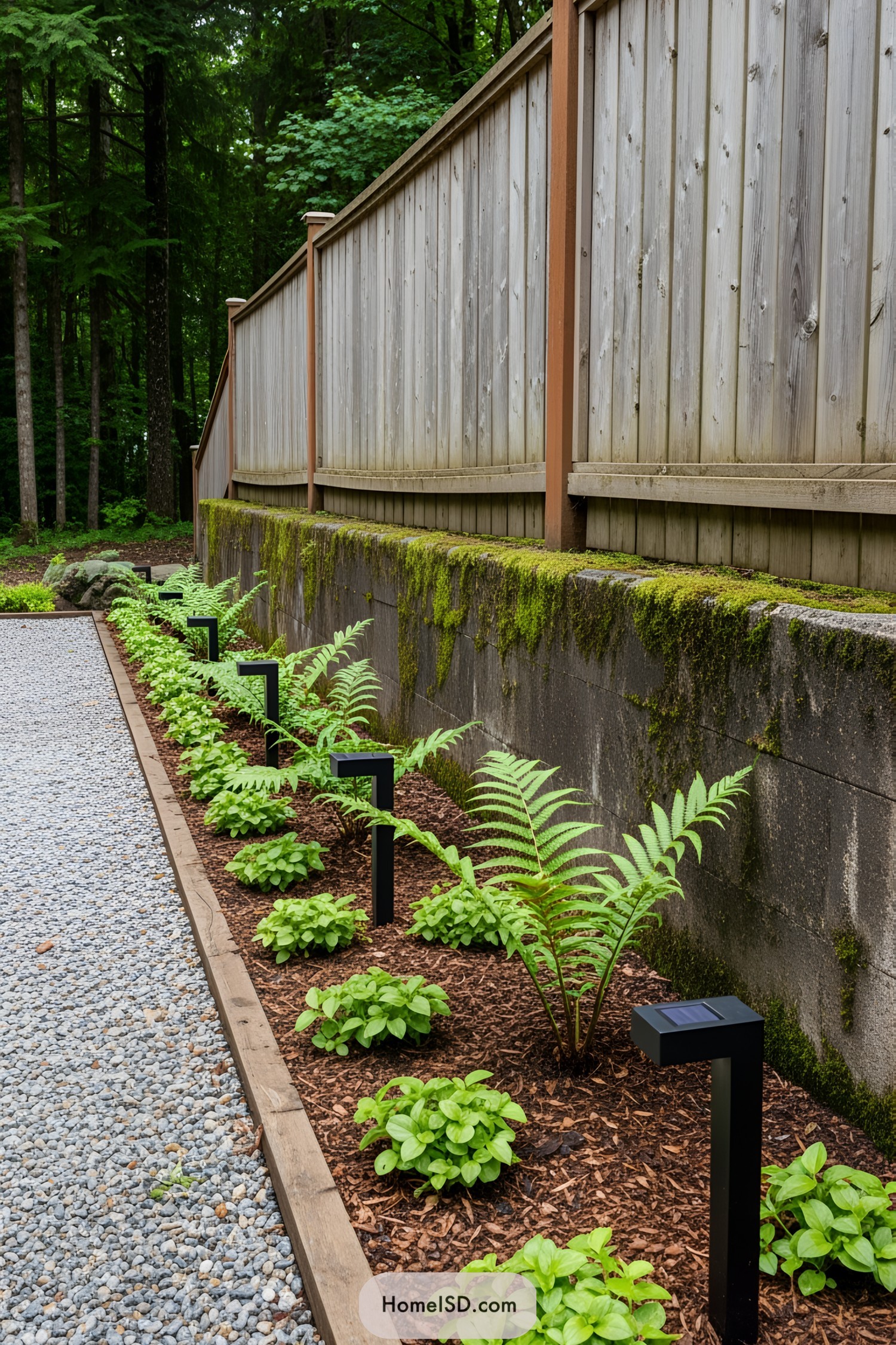 Wooden fence with lush ferns and pathway lighting