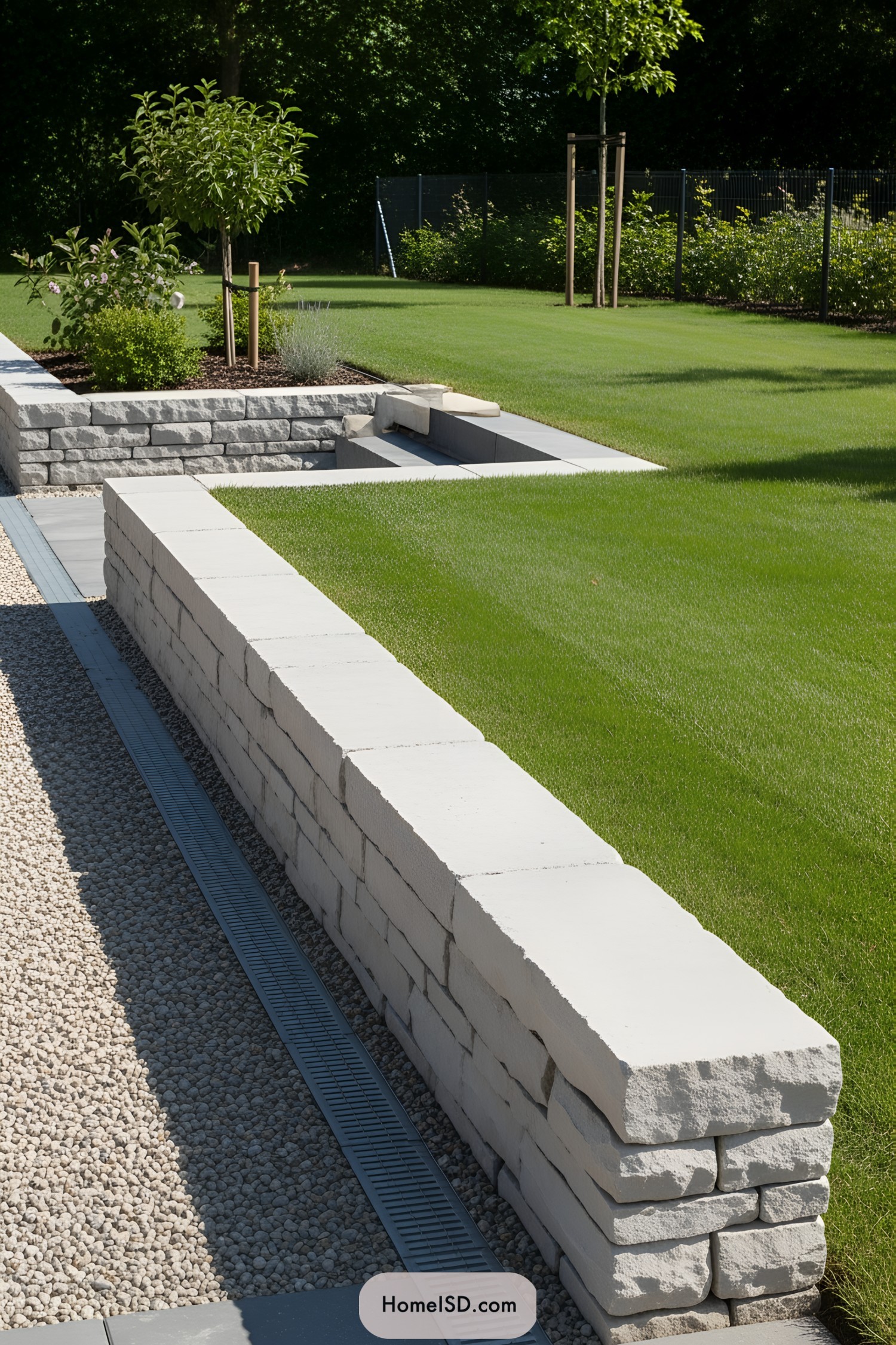 Stone retaining wall with lush green lawn and young trees
