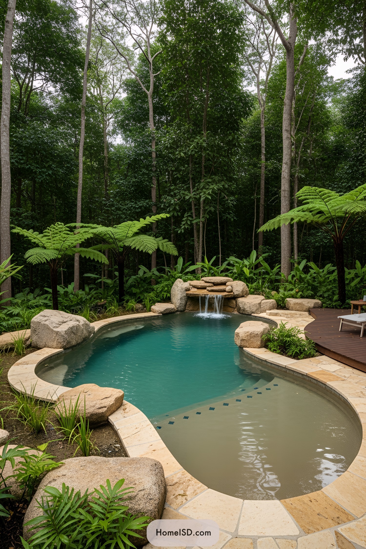 Natural pool surrounded by lush greenery and stone features
