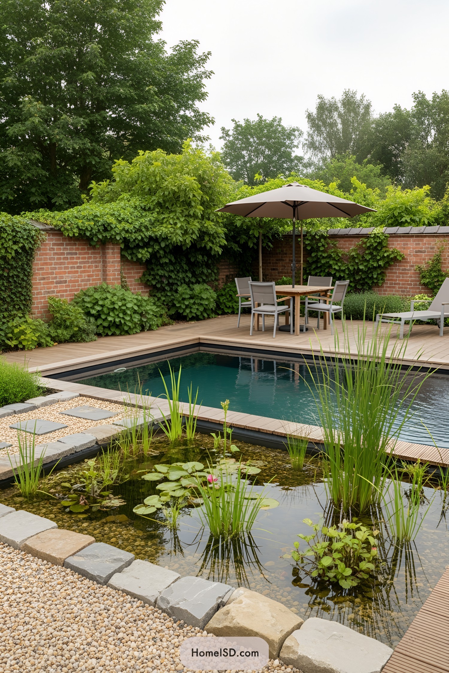 Natural pool surrounded by lush greenery and a cozy seating area