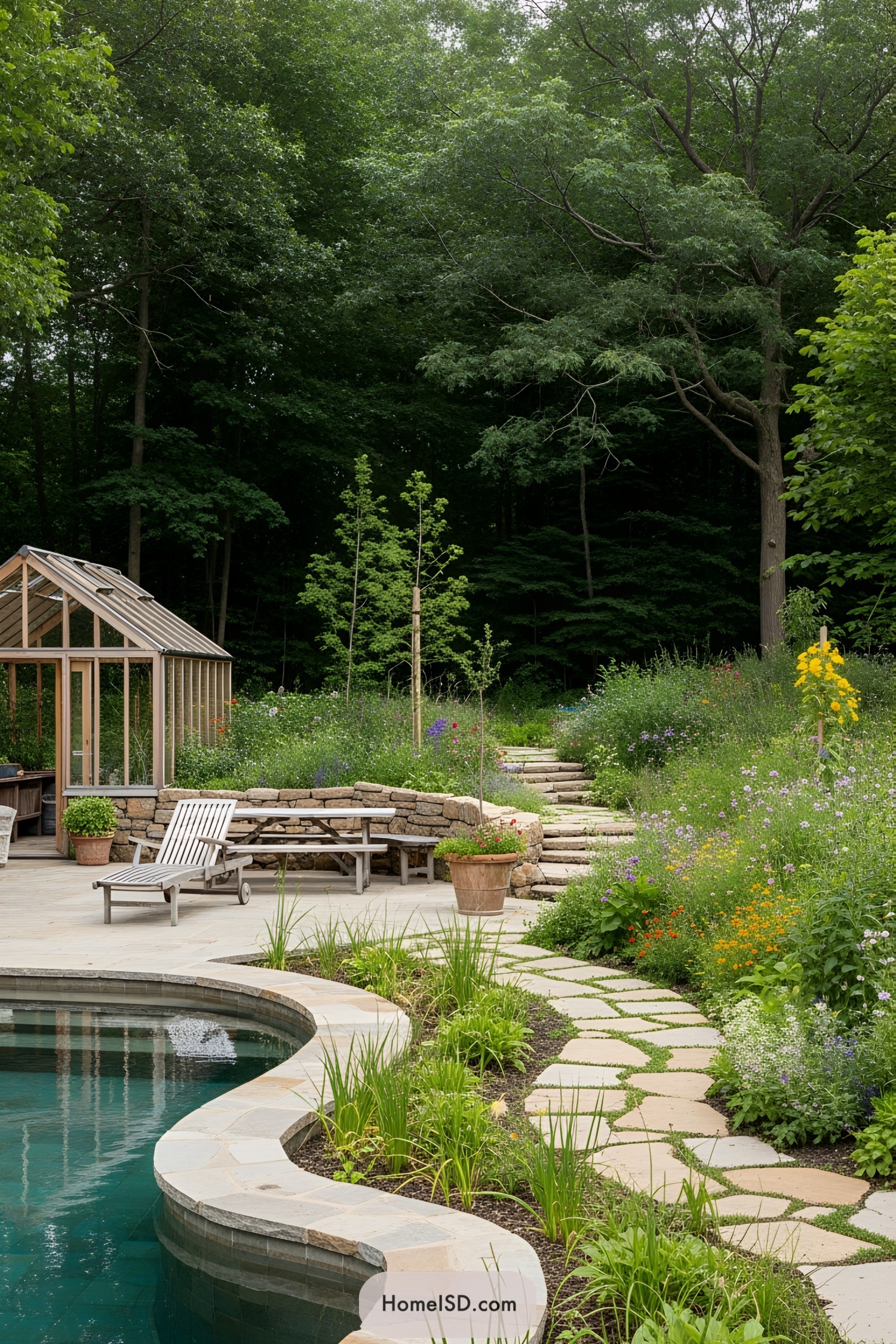 Natural swimming pool with lush greenery and stone pathways
