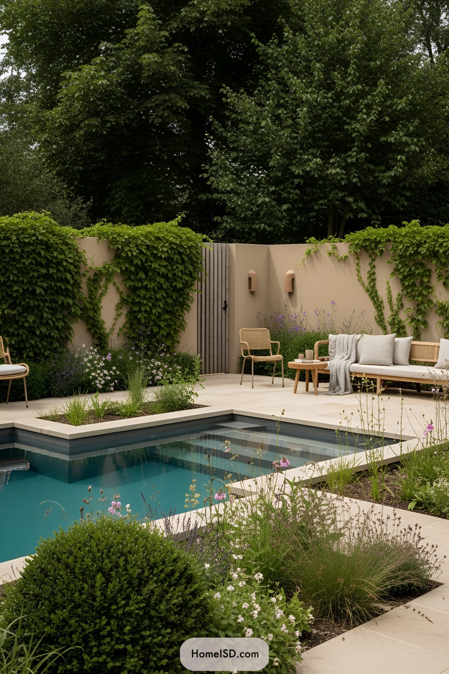 Cozy seating area by a natural pool with lush greenery