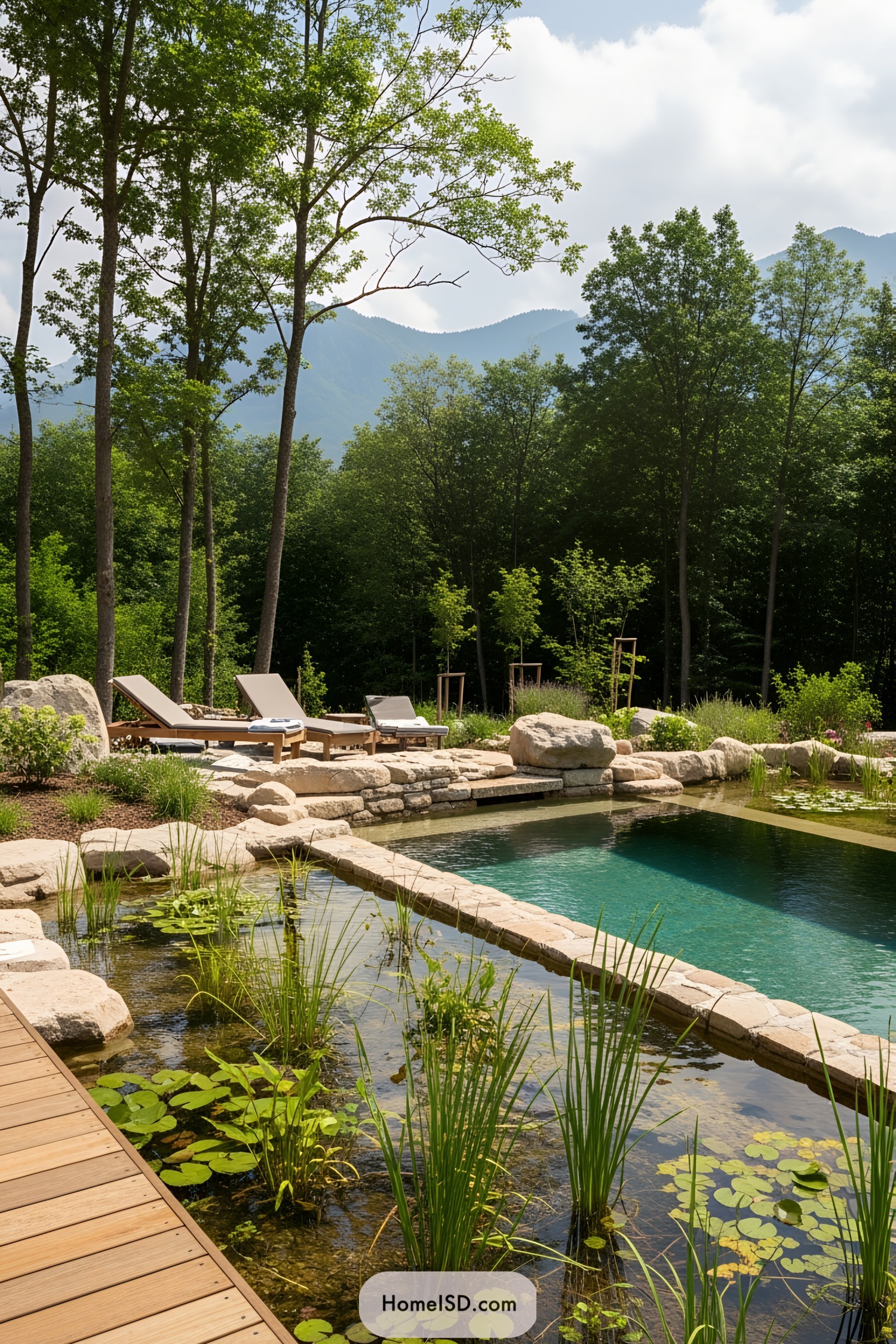 Natural swimming pool bordered by tall trees and lounge chairs