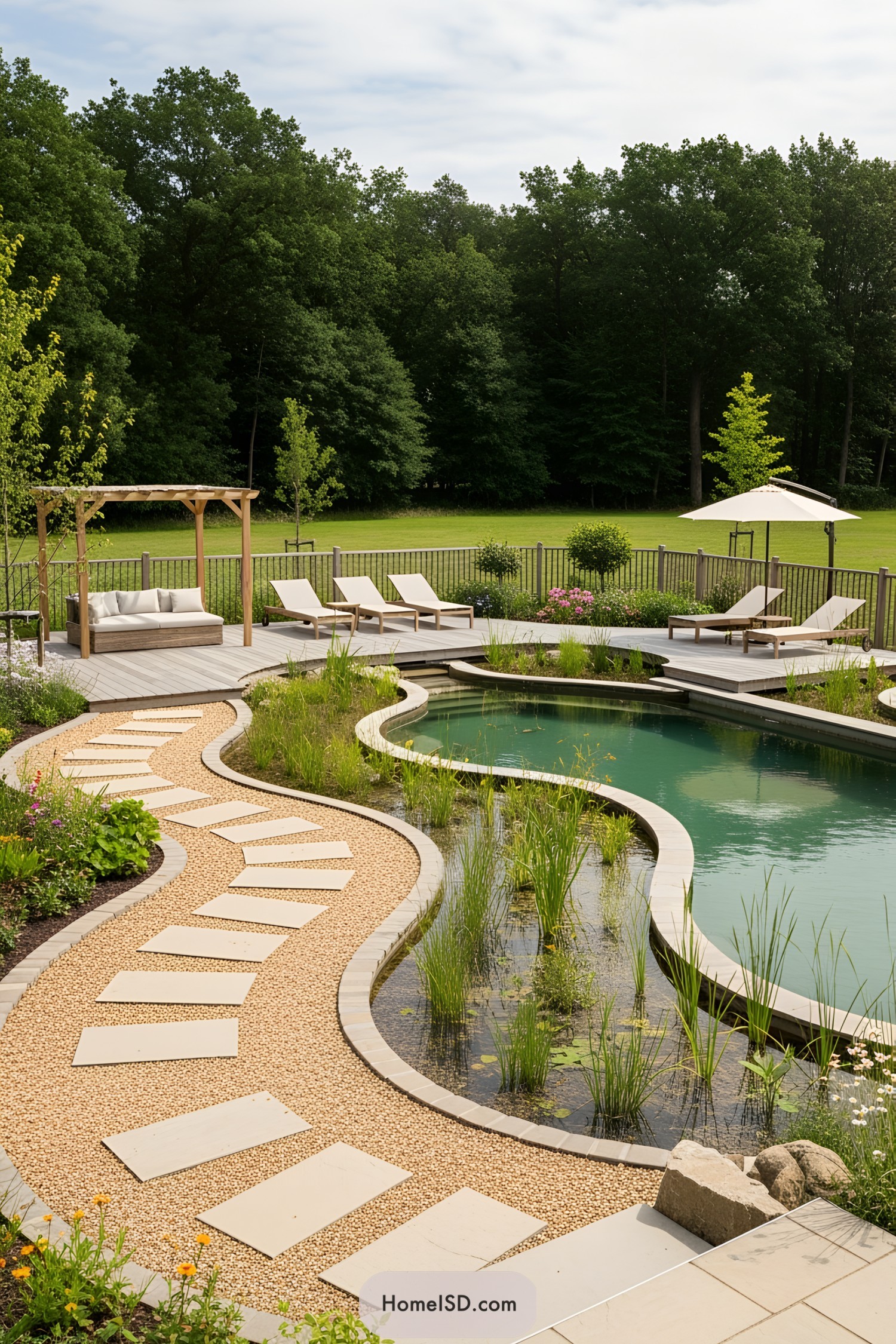 Natural pool with wooden deck and greenery