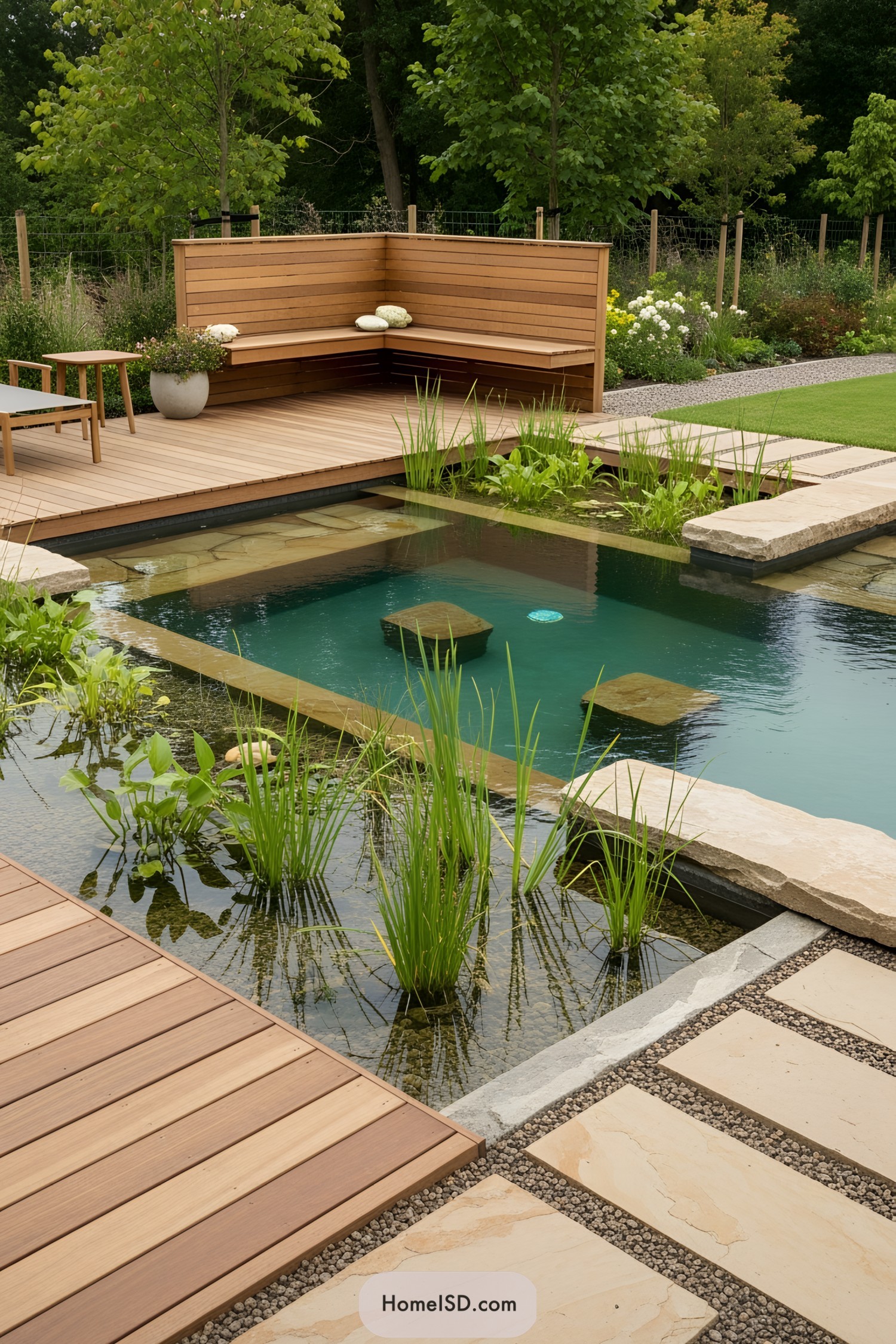 Natural pool surrounded by lush greenery and wooden decking in a garden