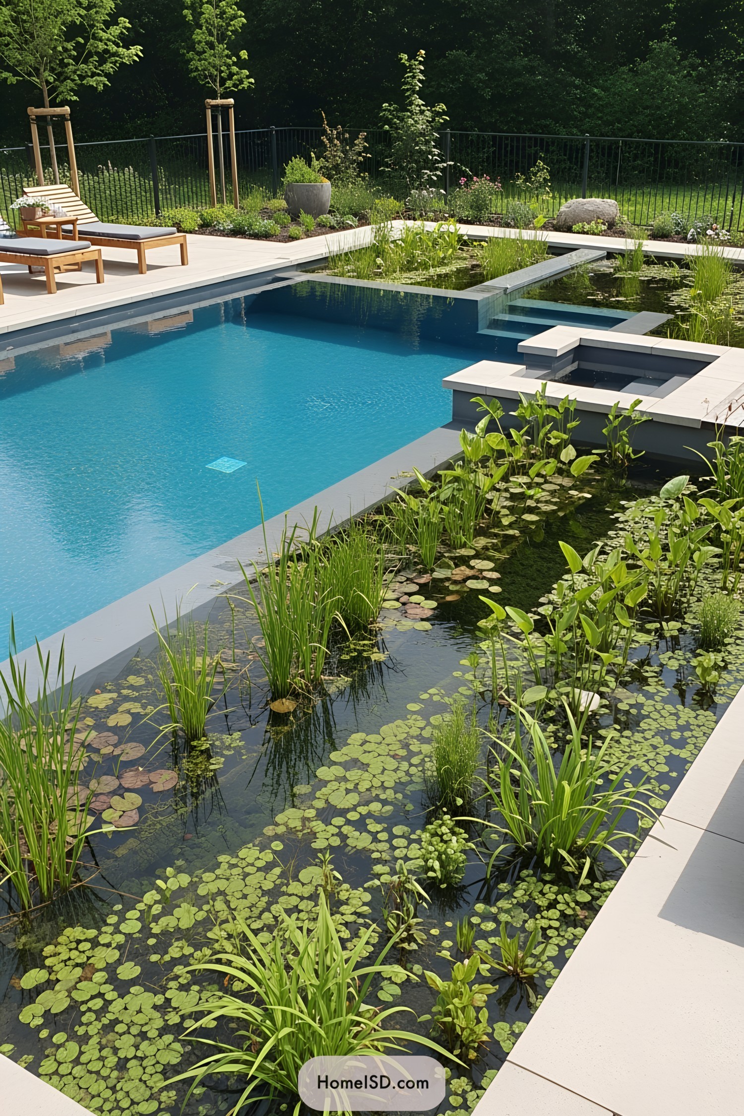 Natural swimming pool surrounded by lush greenery