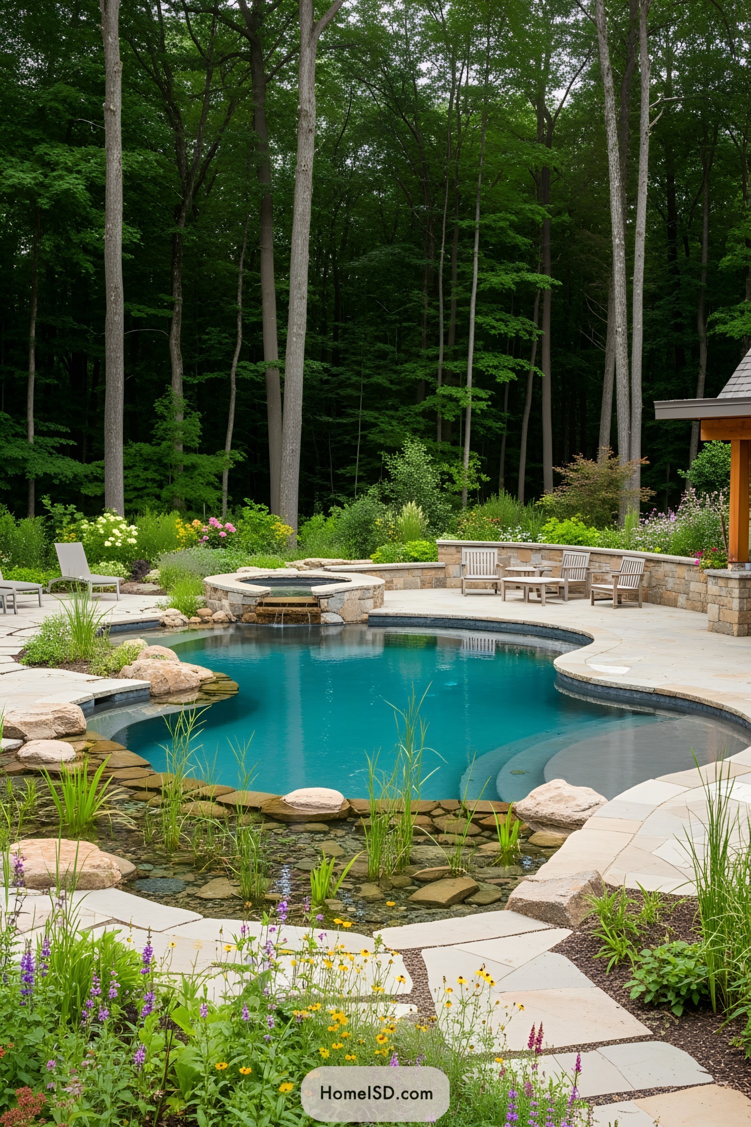 Natural pool surrounded by lush greenery and patio seating