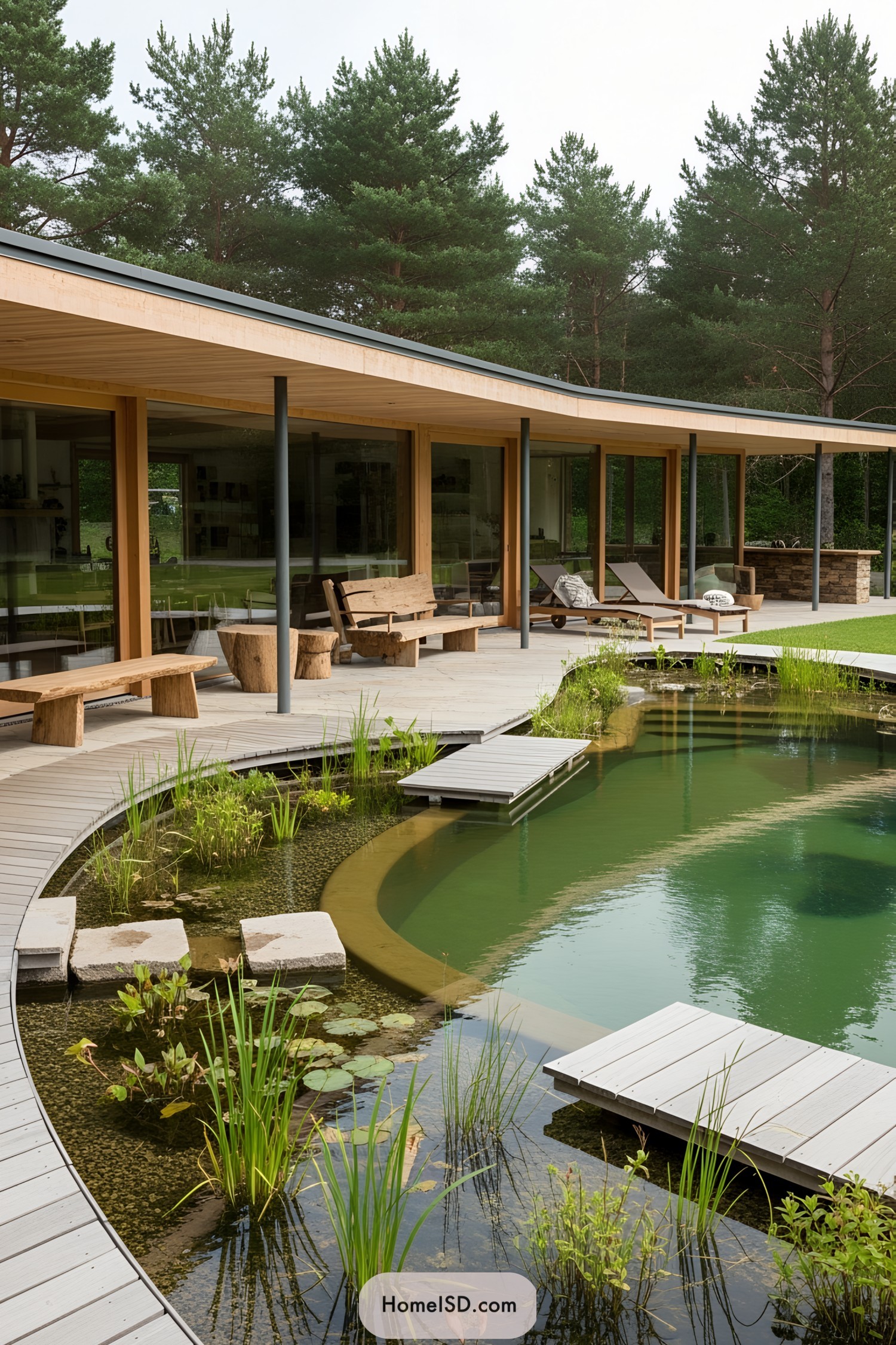 A natural pool surrounded by a wooden deck and lush greenery