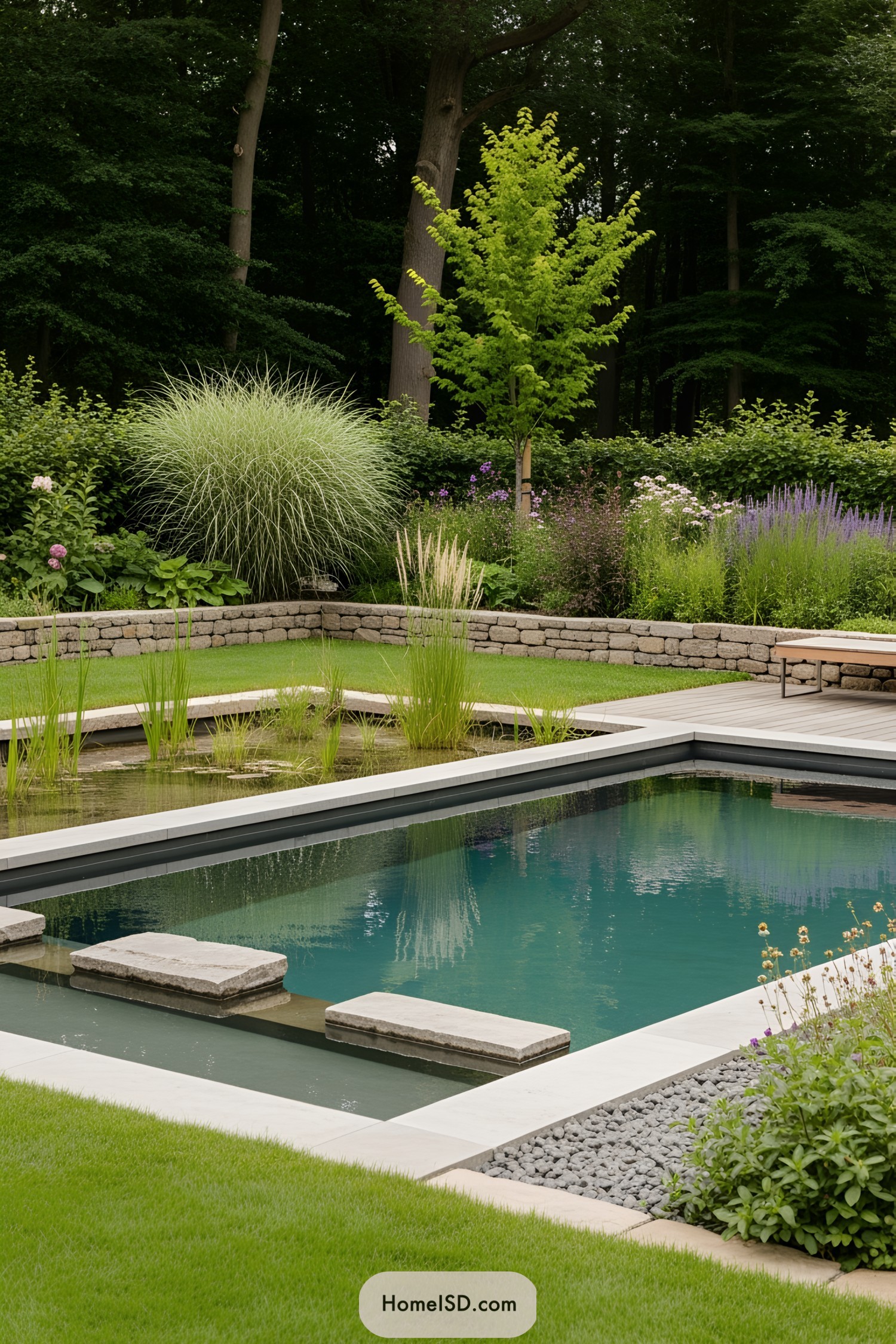 Natural swimming pool with lush surrounding greenery