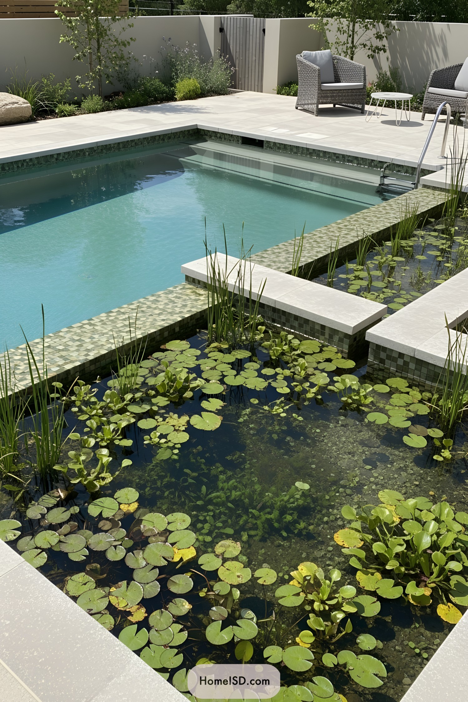 Eco pool with aquatic plants and sleek patio