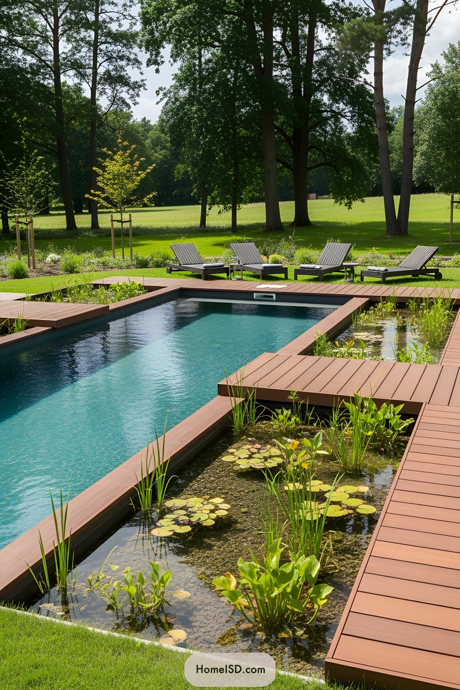 Natural swimming pool with lily pads and deck chairs