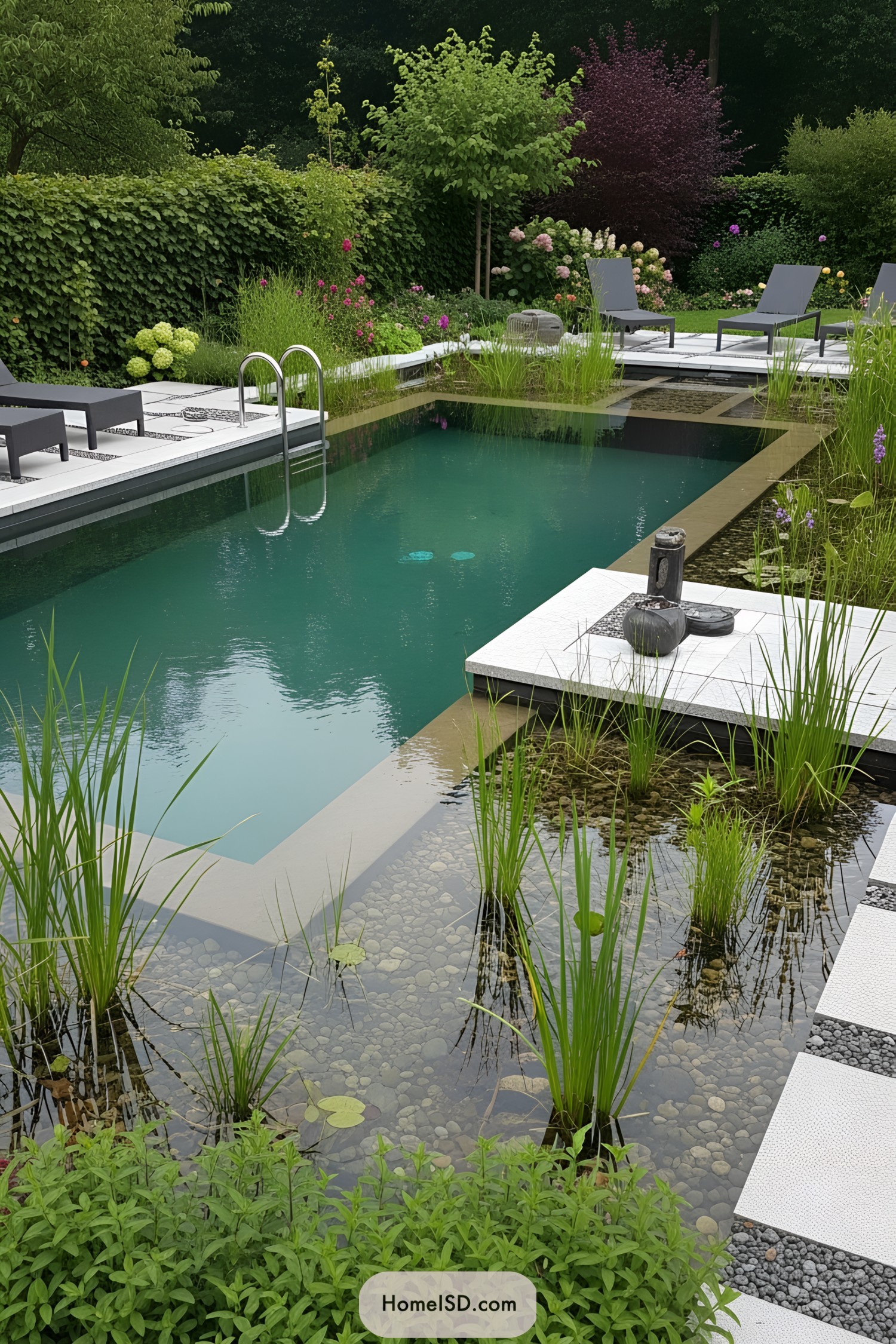 Natural pool with plants and modern design