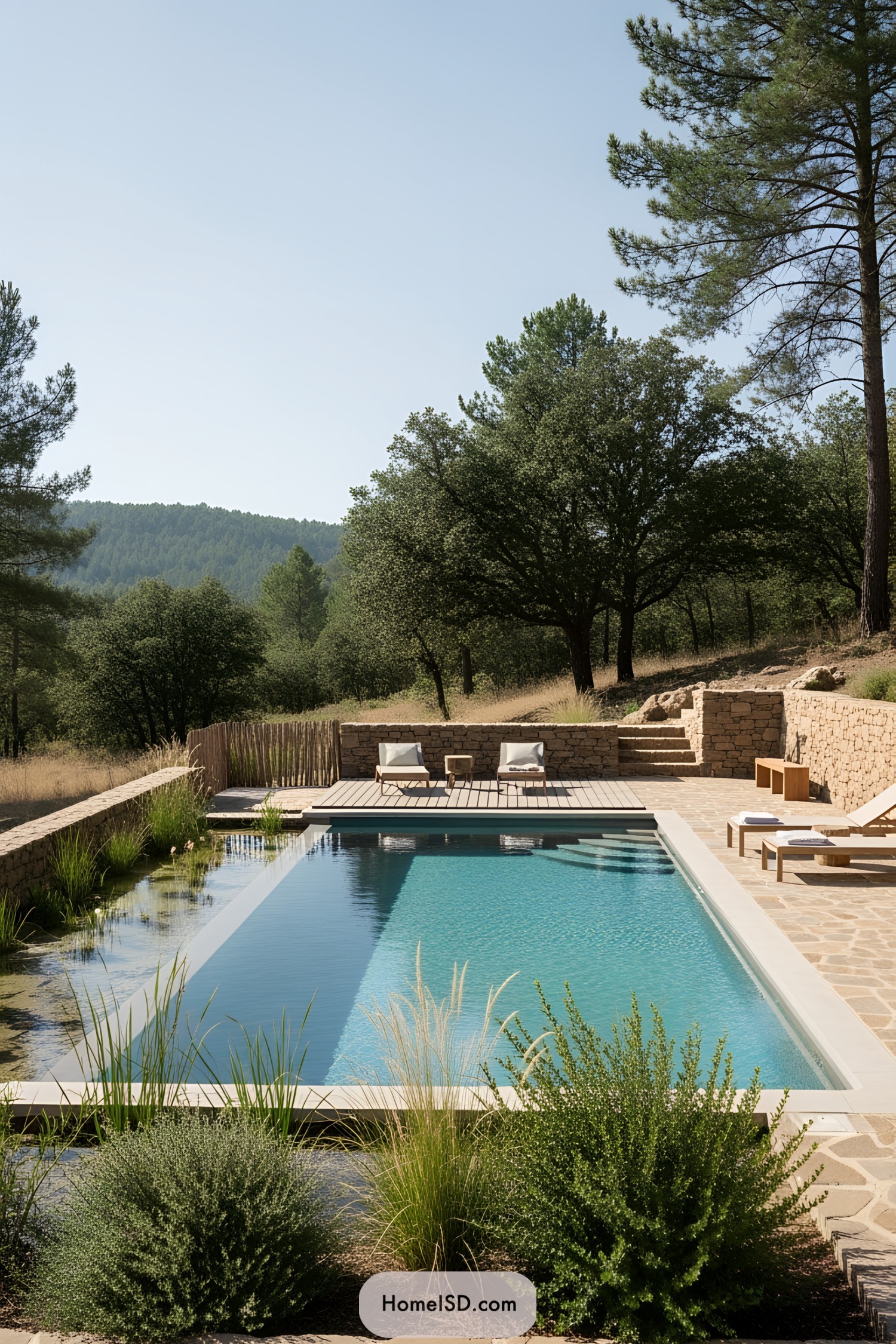 Natural swimming pool surrounded by greenery and lounge chairs