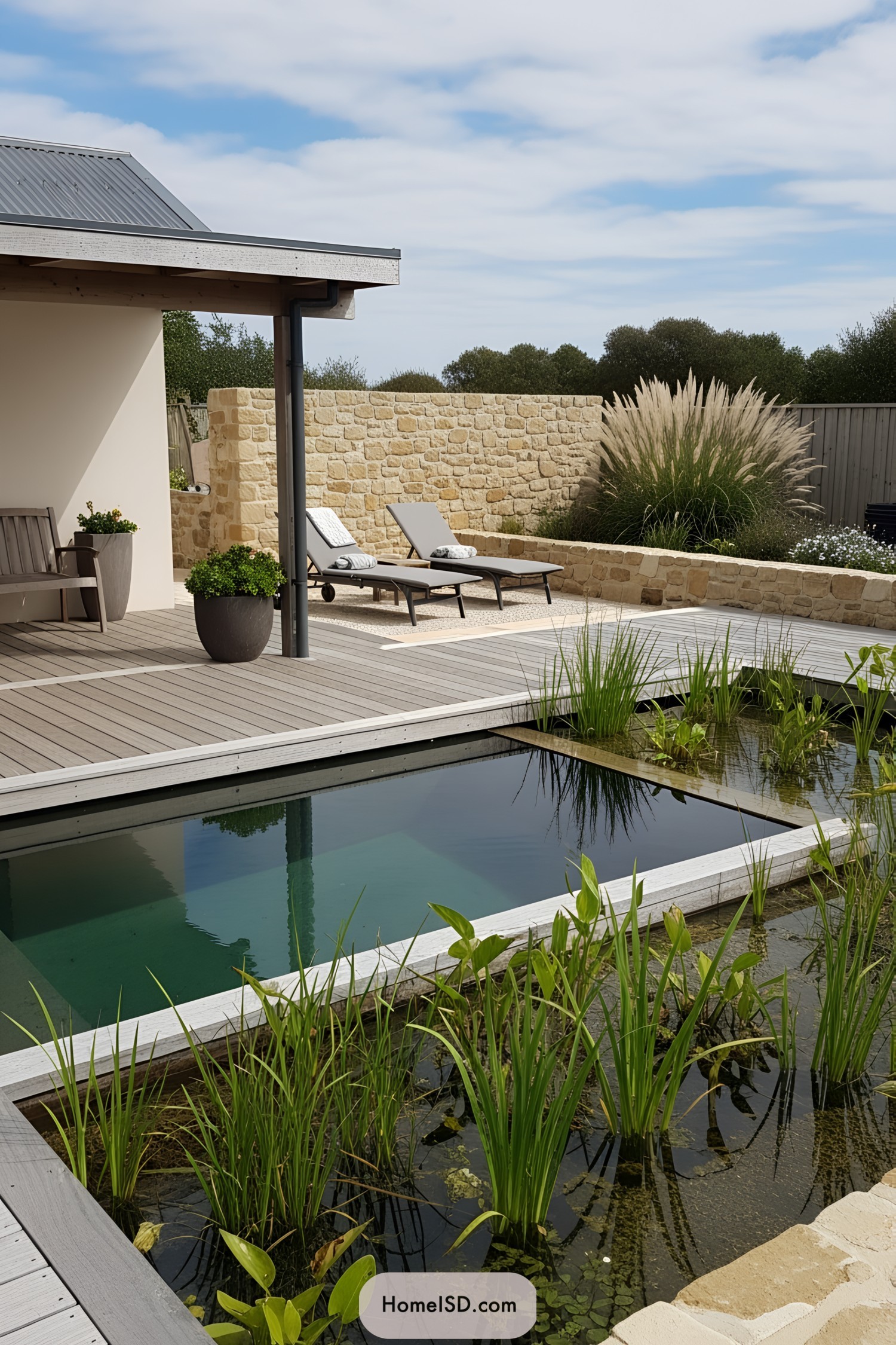 Natural pool with plants, wooden deck, and loungers