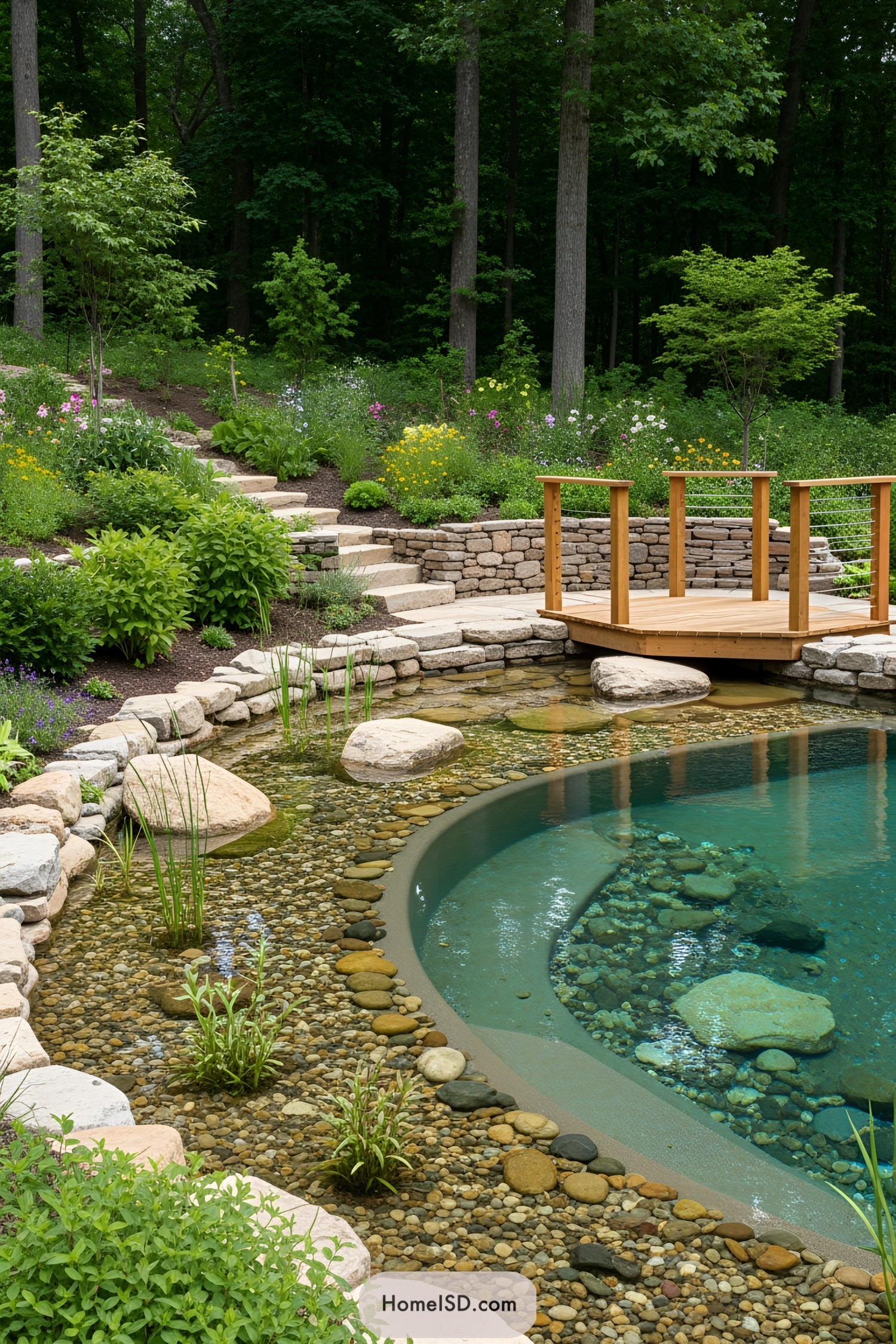 Natural swimming pool with vibrant plants and stone pathway