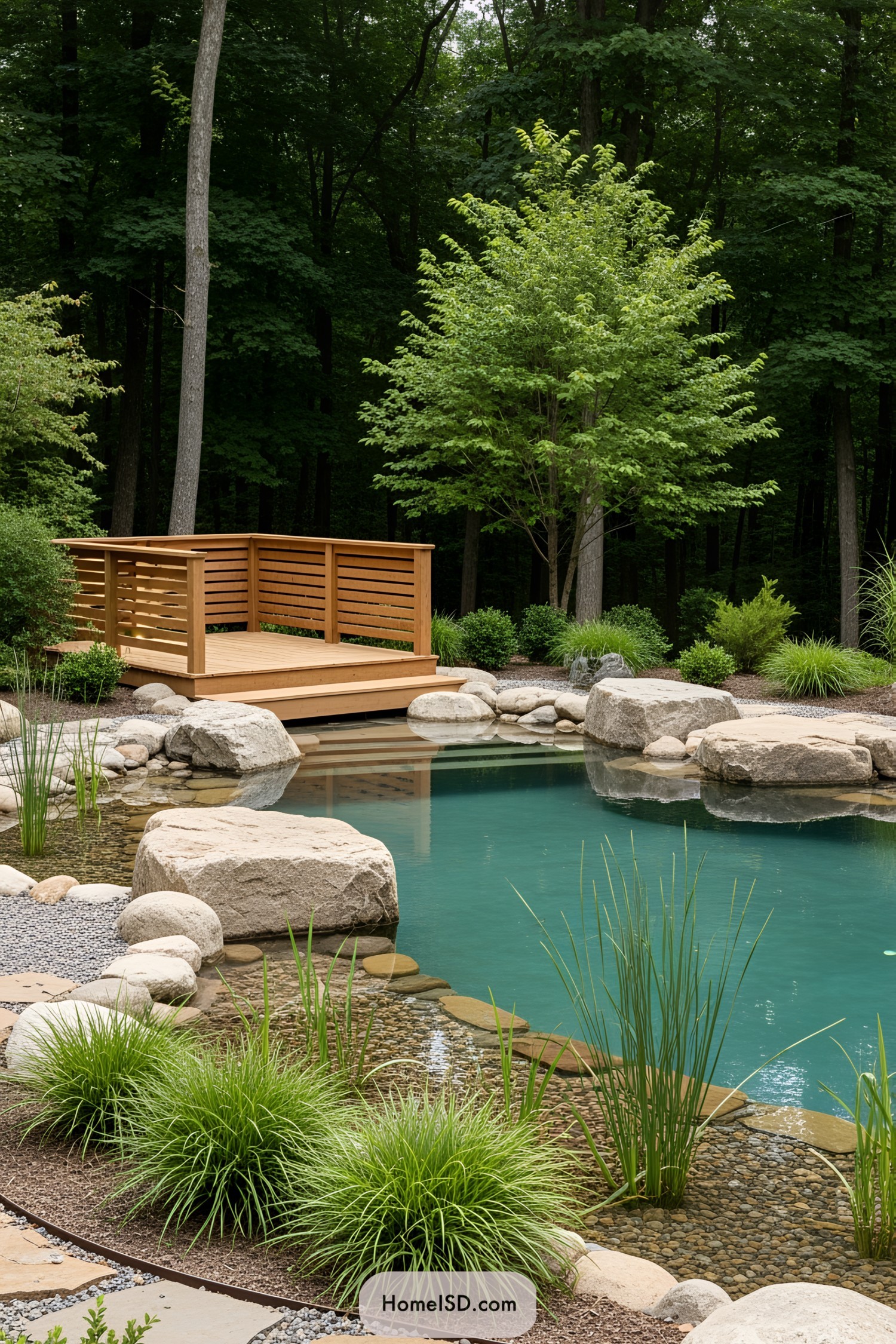 Natural swimming pool with wooden deck and lush greenery