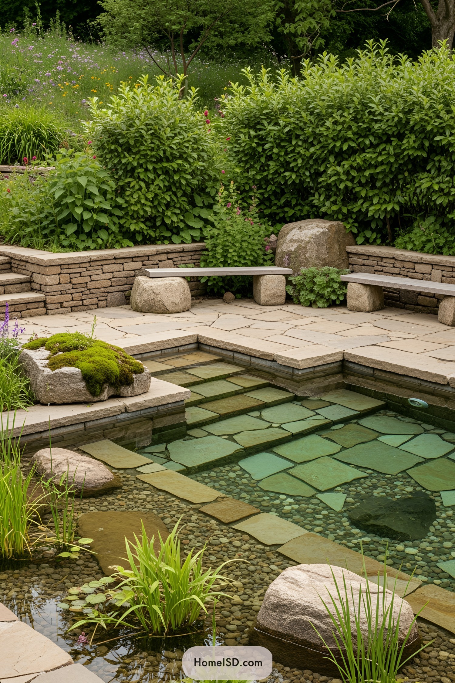Clear water natural swimming pool surrounded by lush greenery