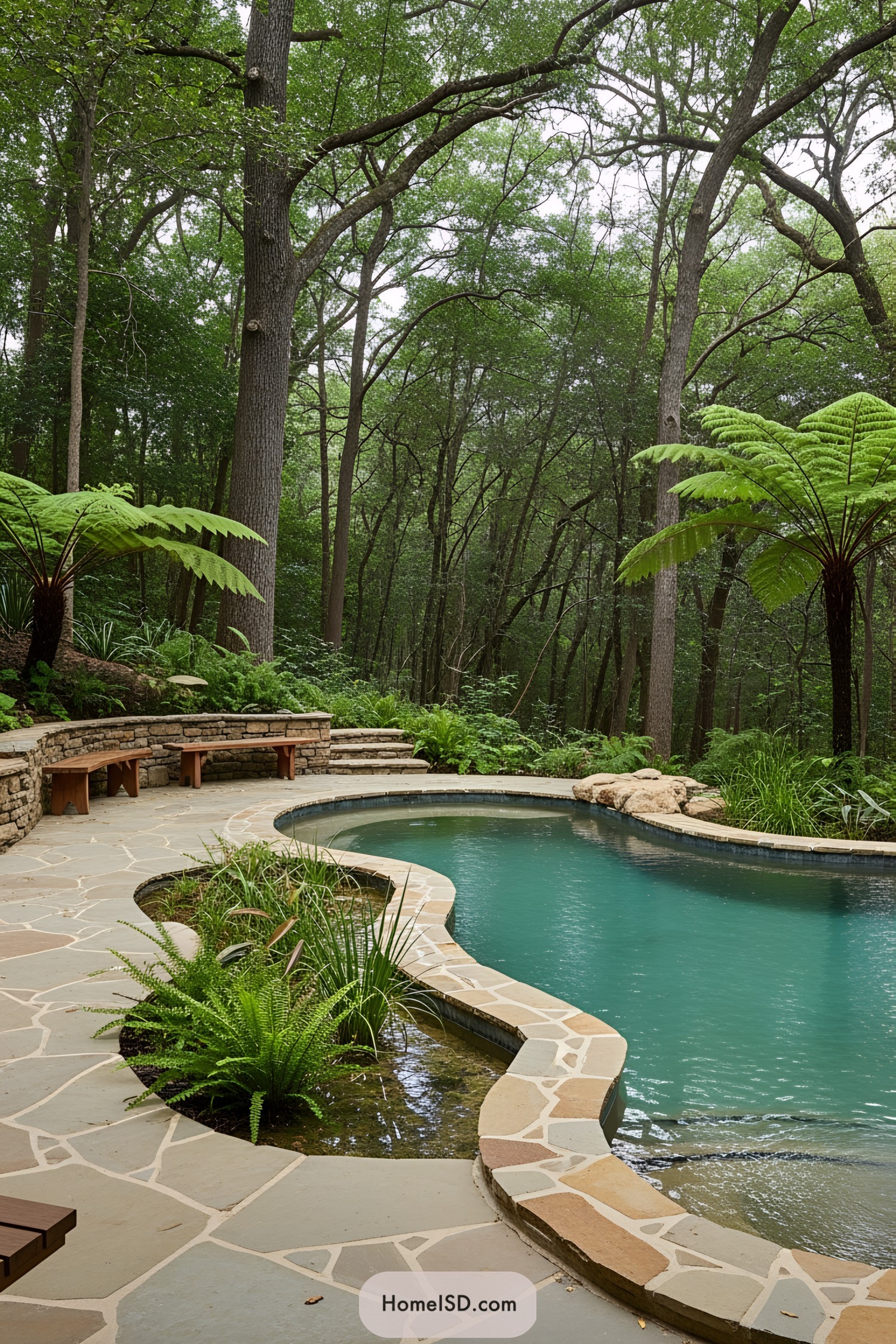 Natural swimming pool with stone deck surrounded by lush greenery