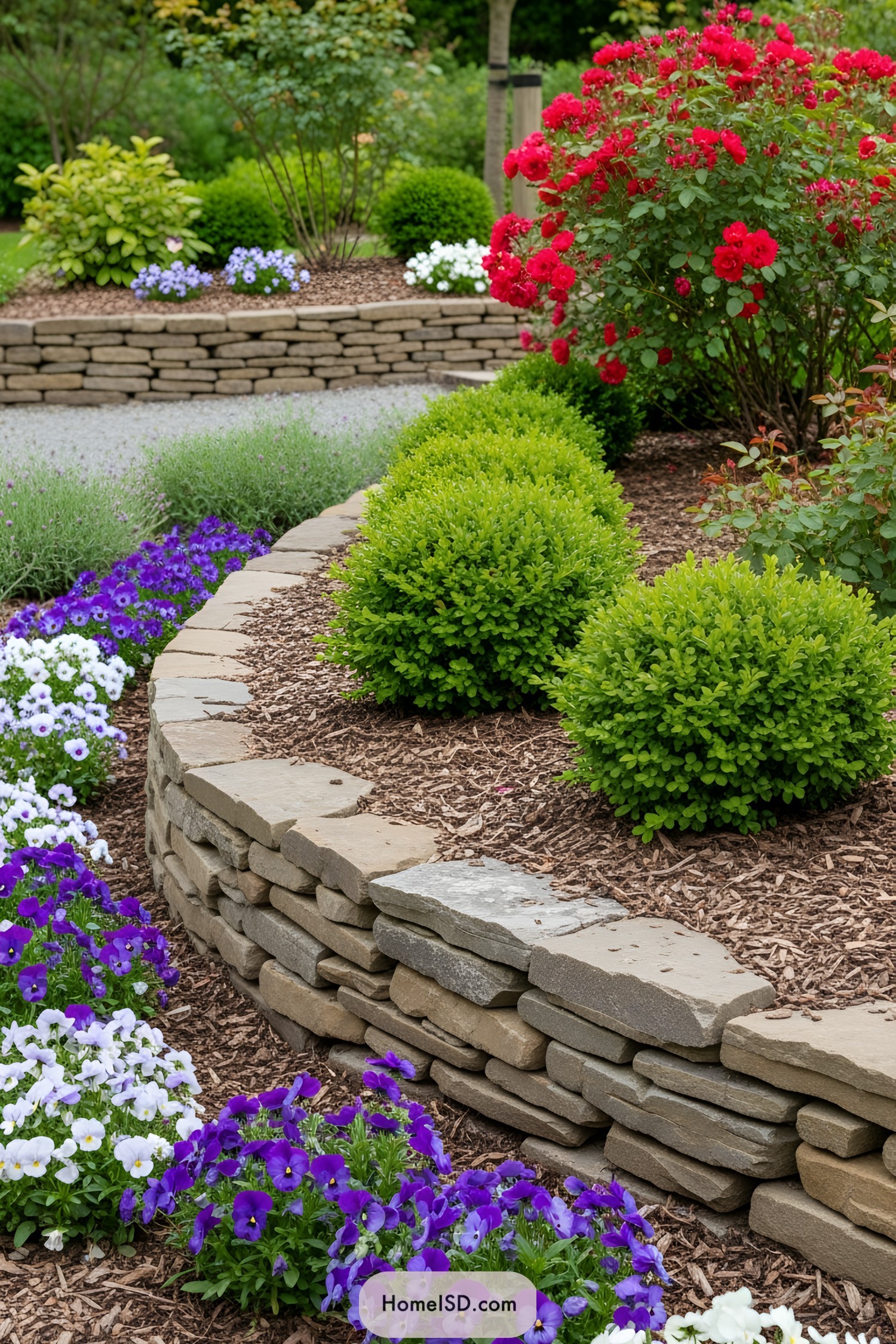 Colorful flowers border a stone retaining wall in a garden setting