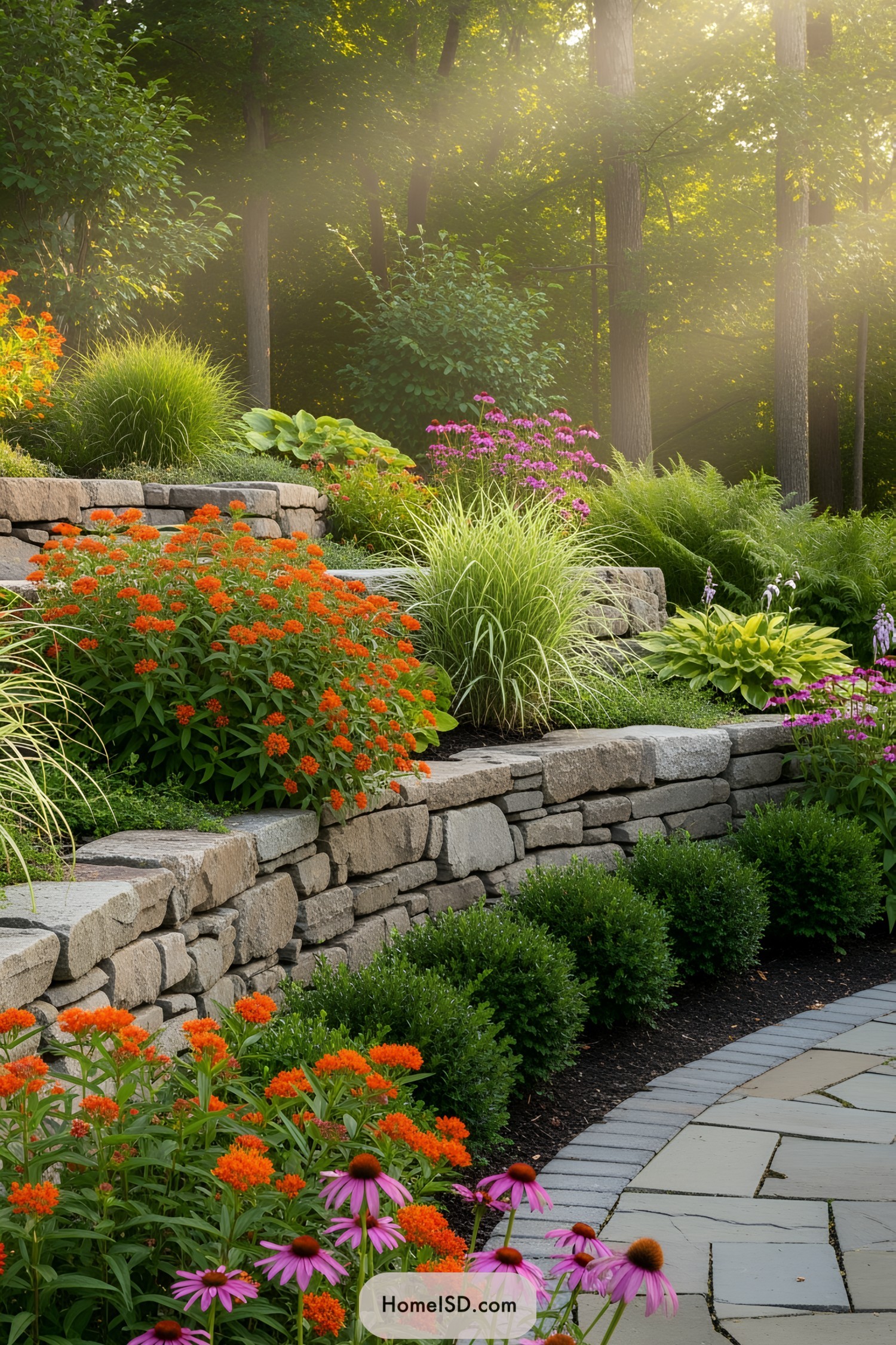 Colorful flowers and lush plants cascading over stone walls in a sunlit garden