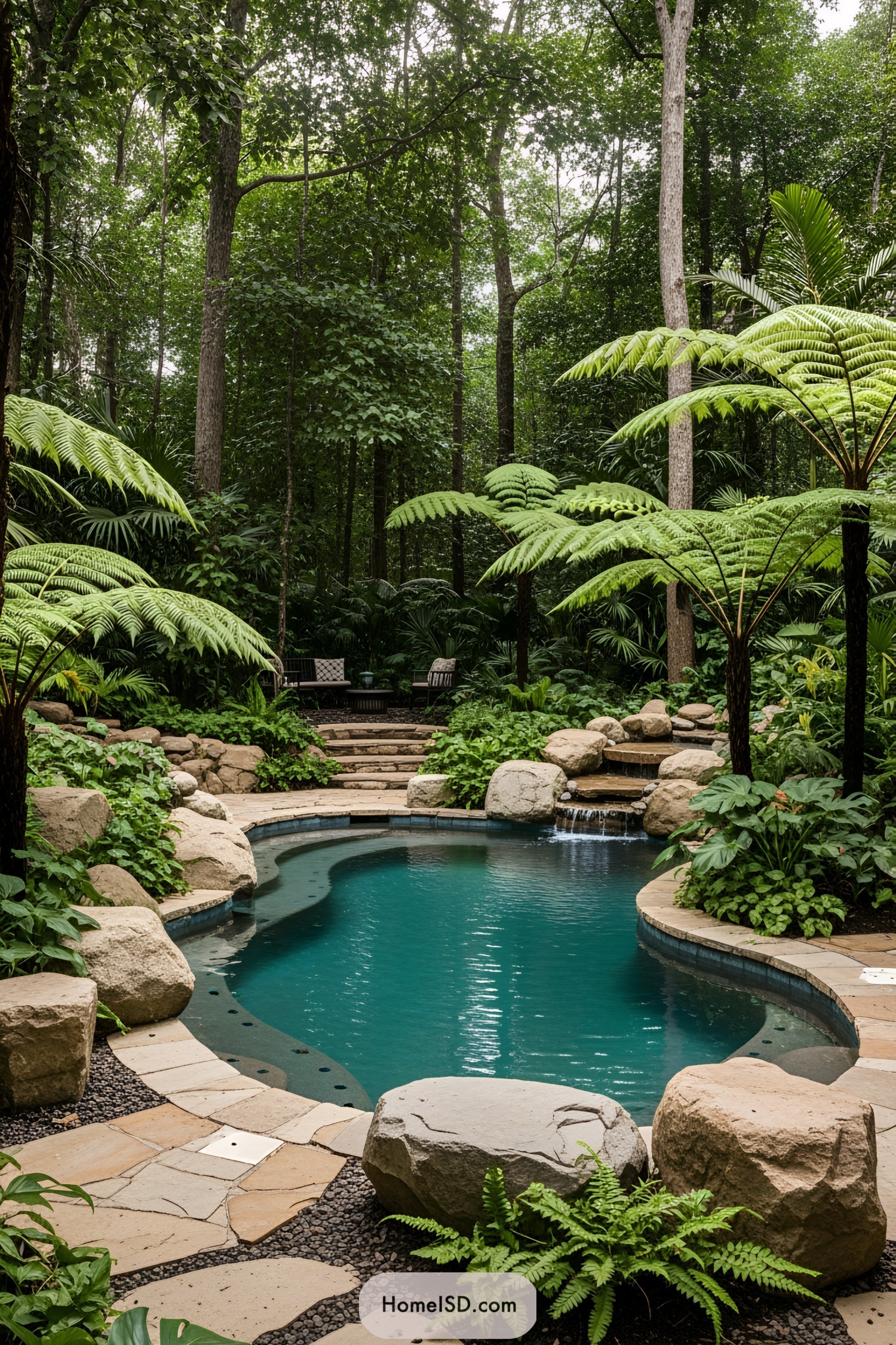 A serene pool surrounded by lush greenery and stone features