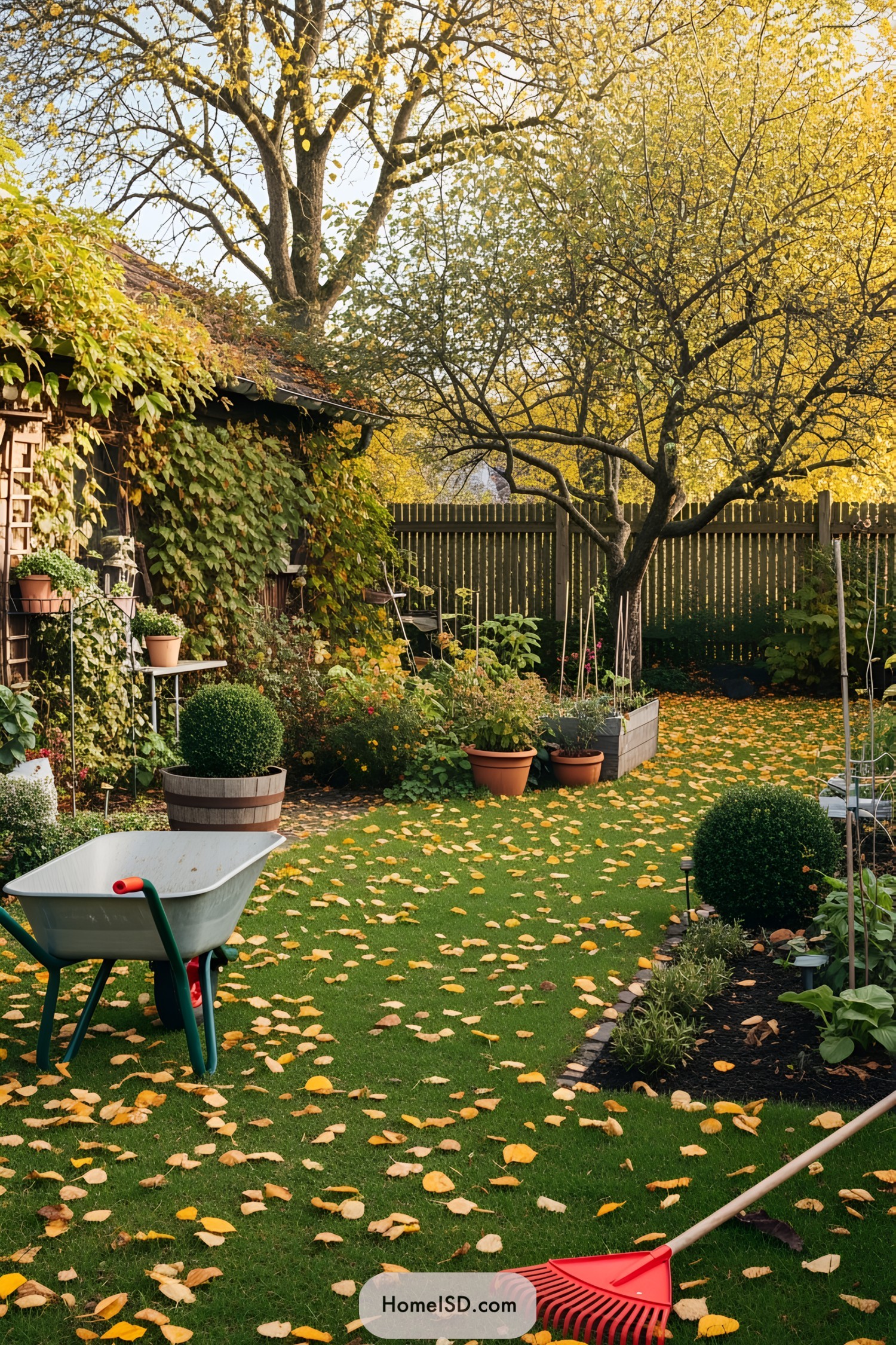 Backyard with fallen leaves and outdoor tools