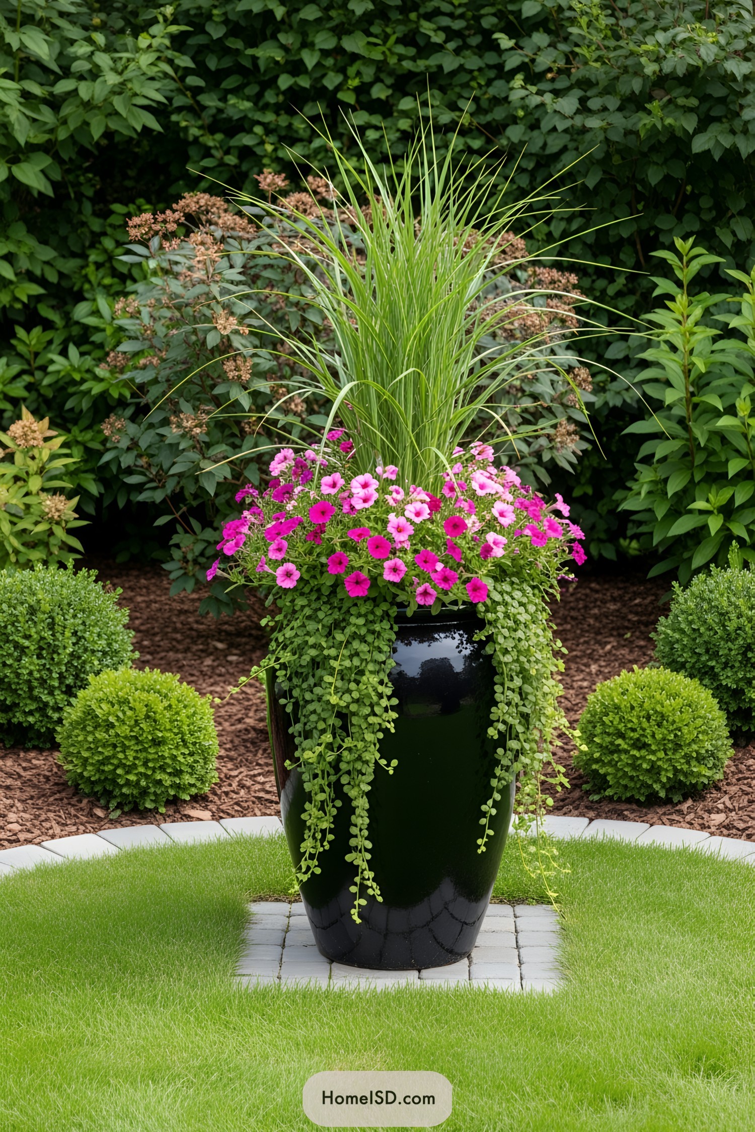 Large black pot with pink flowers and trailing greenery