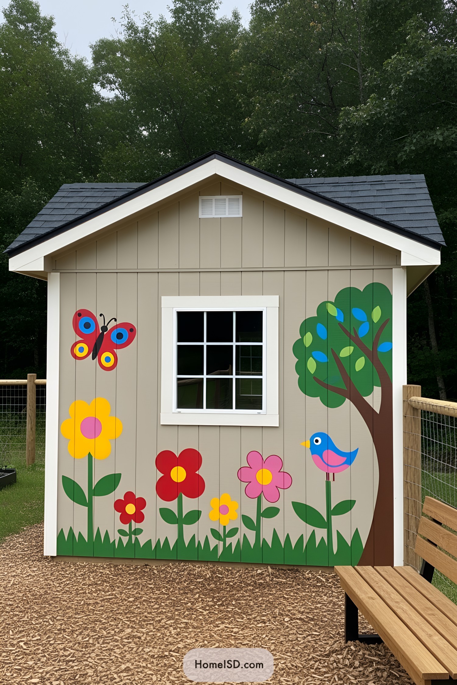 Outdoor shed with vibrant mural featuring flowers, a butterfly, and a bird