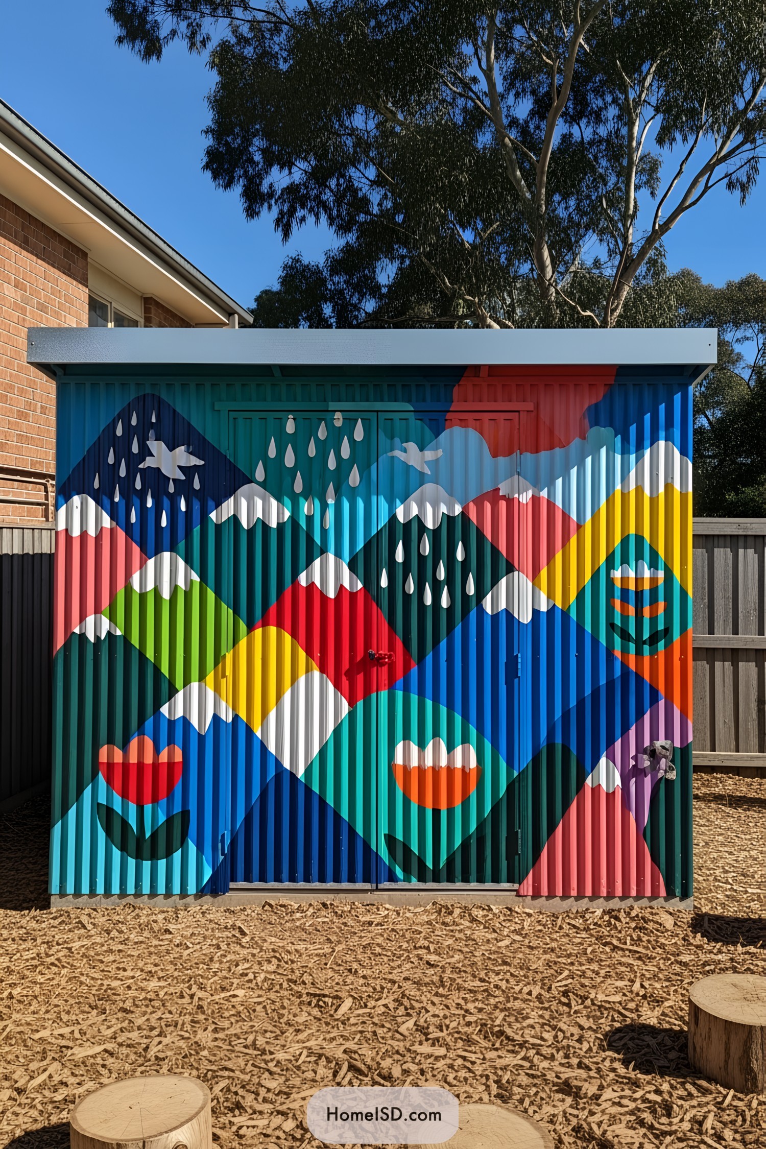 Colorful geometric mural on a corrugated shed in a backyard setting