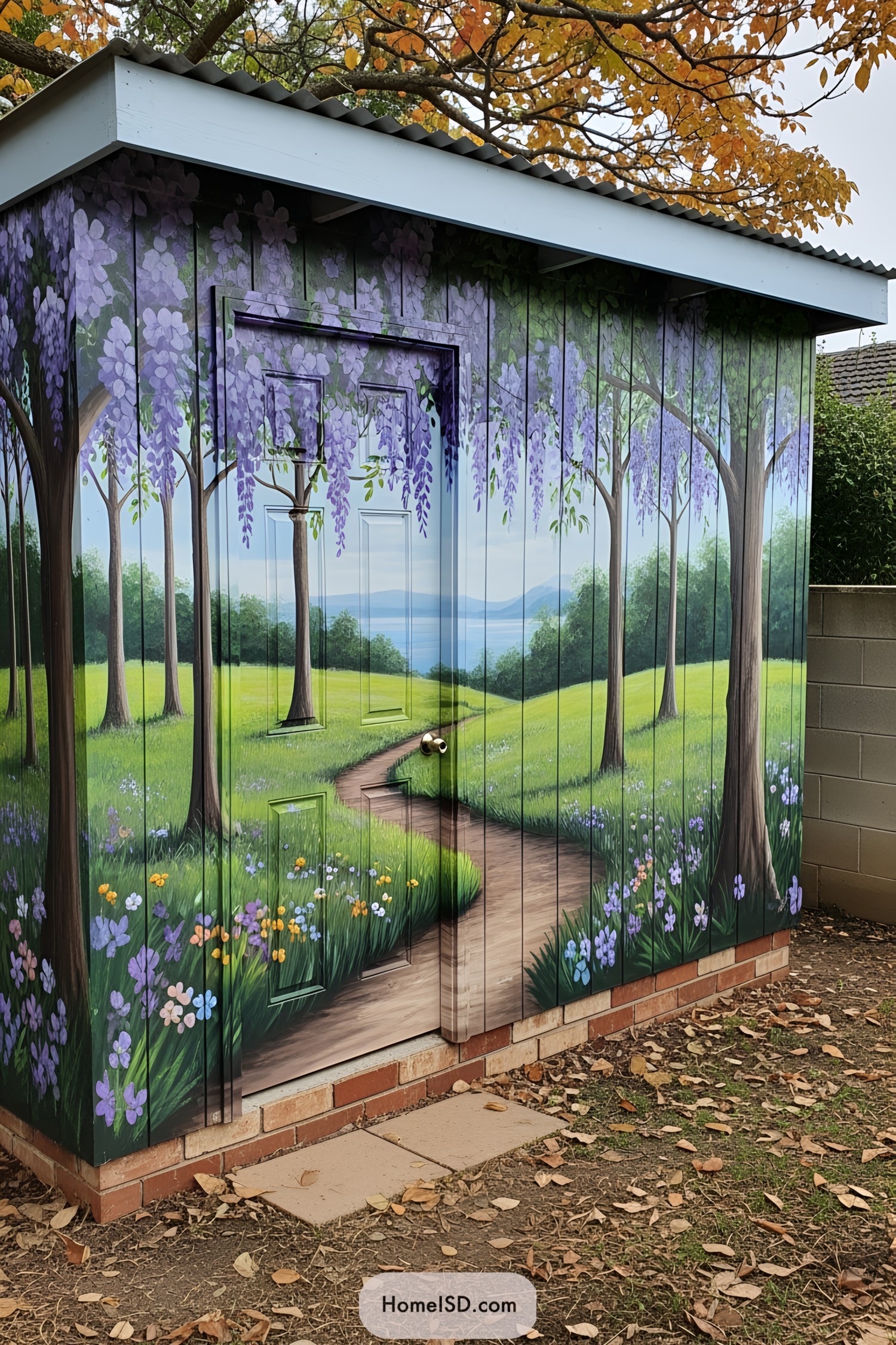 Wisteria-painted shed with a scenic pathway